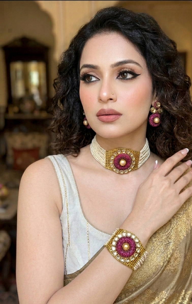 Emilia handcrafted 22kt gold plated choker set with Polki Kundan, Swarovski crystals, semi-precious pearls and matching bracelet