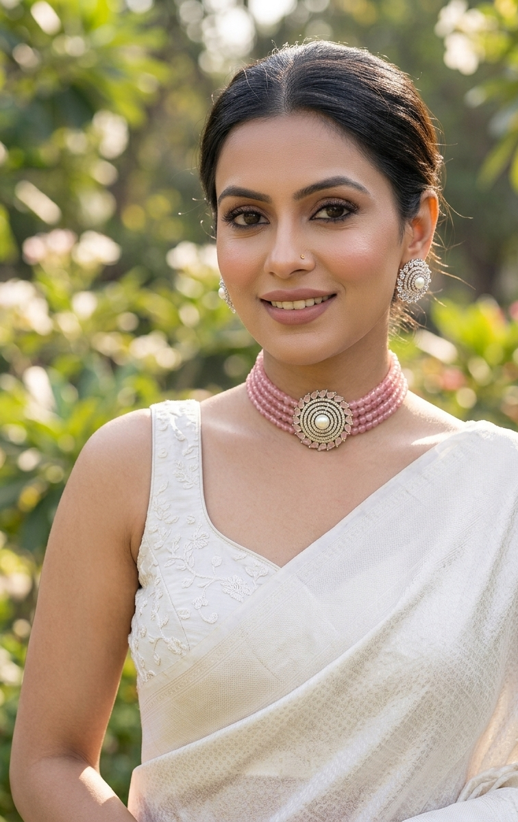 Erina handcrafted rhodium plated choker set with American diamonds pearls and pink Onyx