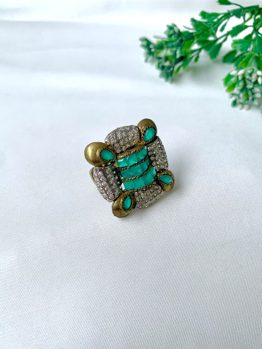 Handcrafted Victorian ring with semi-precious emerald stones and American diamonds in antique rhodium plating