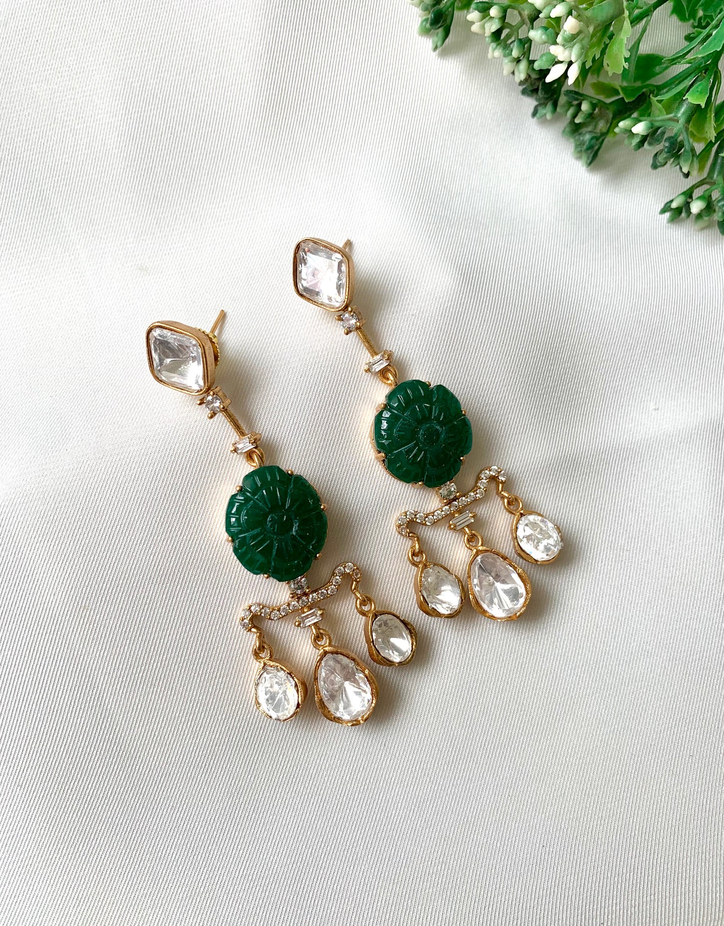 Evara Emerald Earrings with 22kt Victorian Gold Plating, Moissanite, American Diamonds & Hand-Carved Emeralds by Zamal Jewels