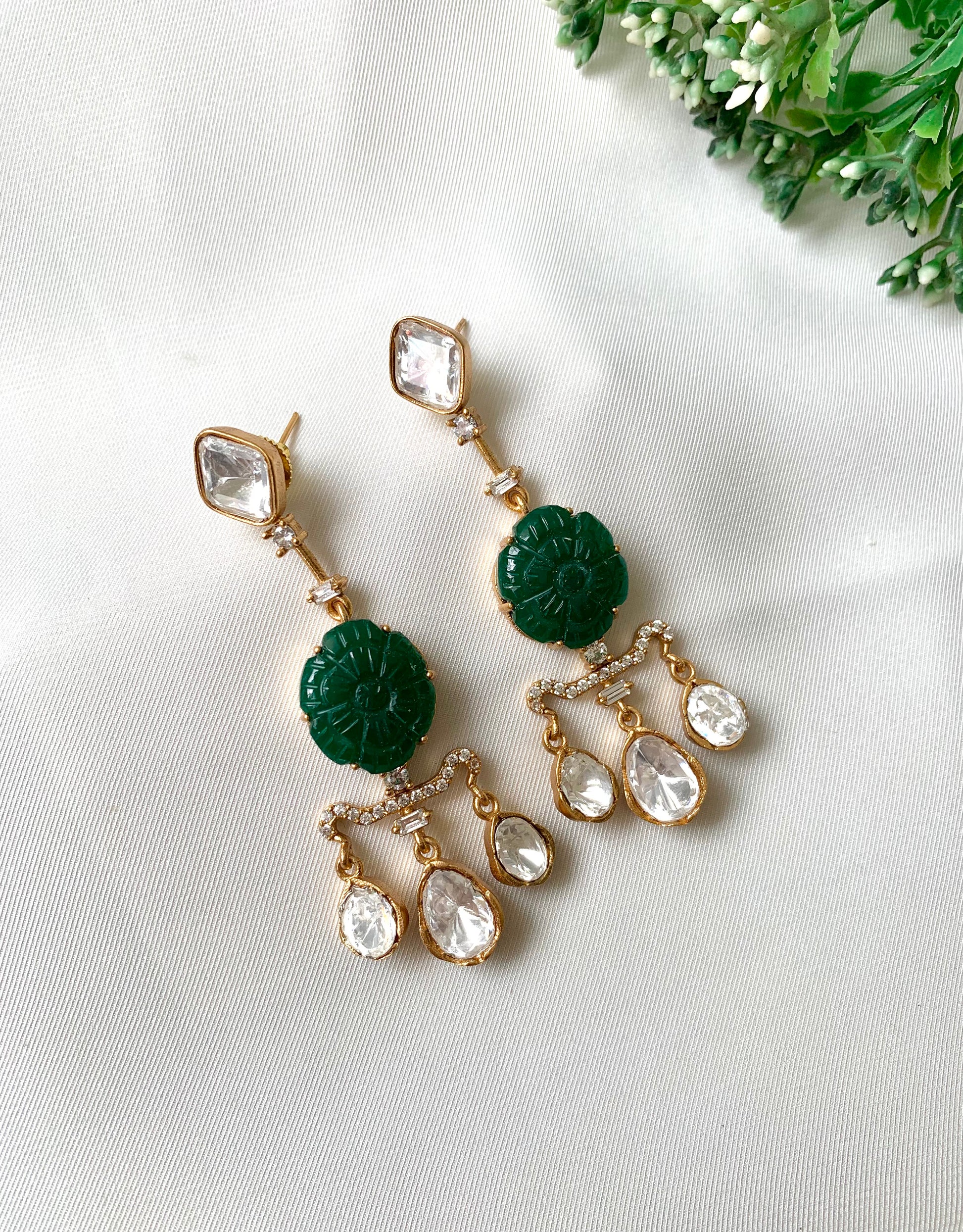 Evara Emerald Earrings with 22kt Victorian Gold Plating, Moissanite, American Diamonds & Hand-Carved Emeralds by Zamal Jewels
