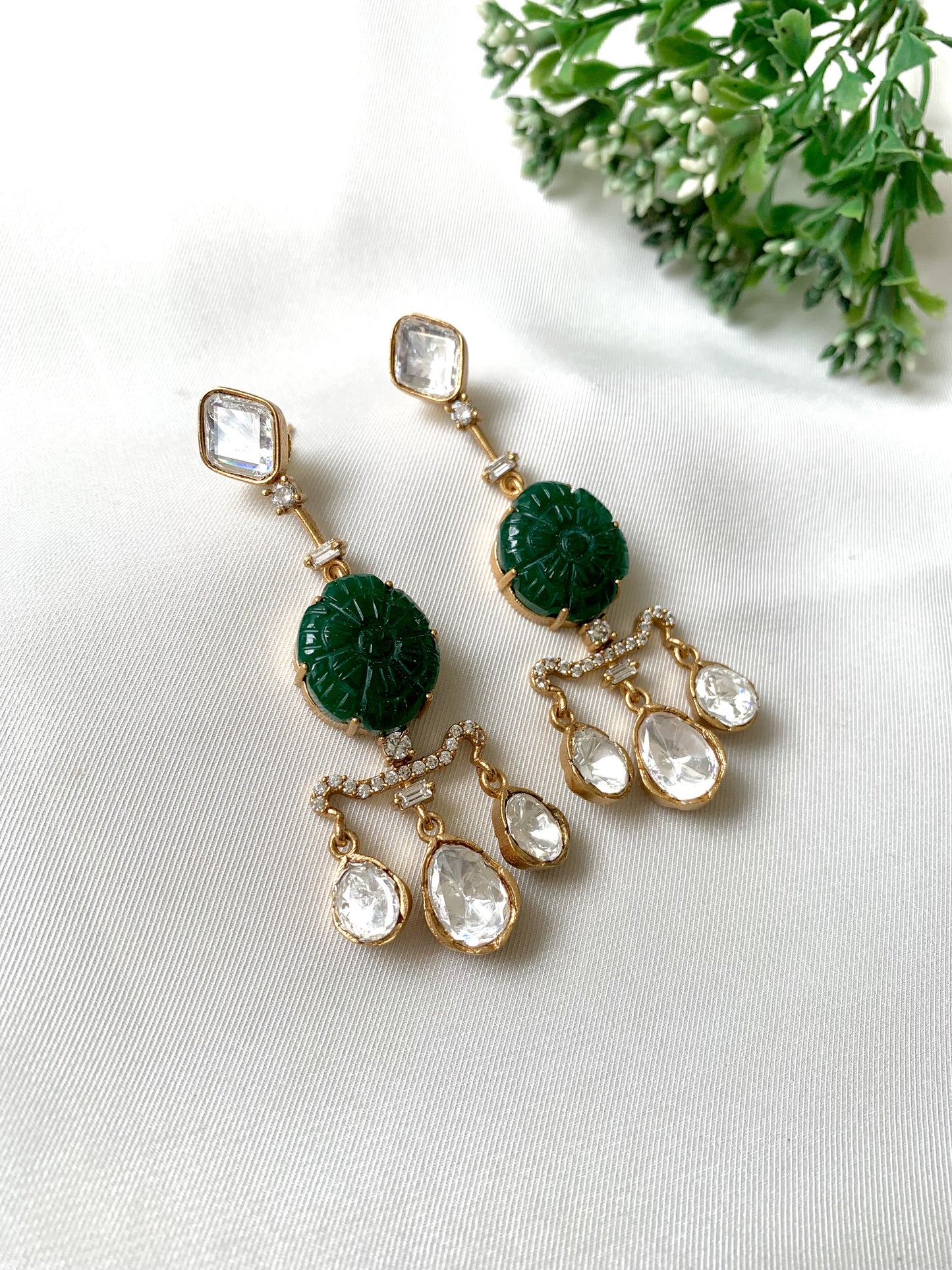Evara Emerald Earrings with 22kt Victorian Gold Plating, Moissanite, American Diamonds & Hand-Carved Emeralds by Zamal Jewels
