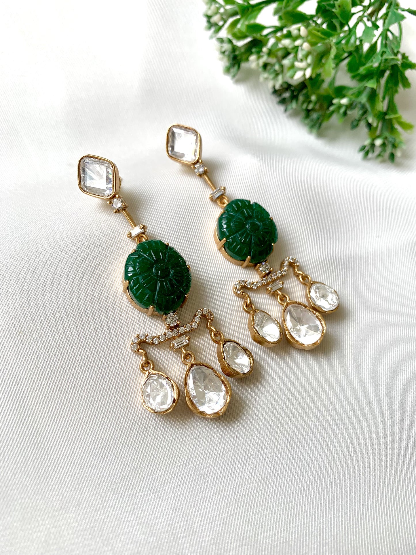 Evara Emerald Earrings with 22kt Victorian Gold Plating, Moissanite, American Diamonds & Hand-Carved Emeralds by Zamal Jewels