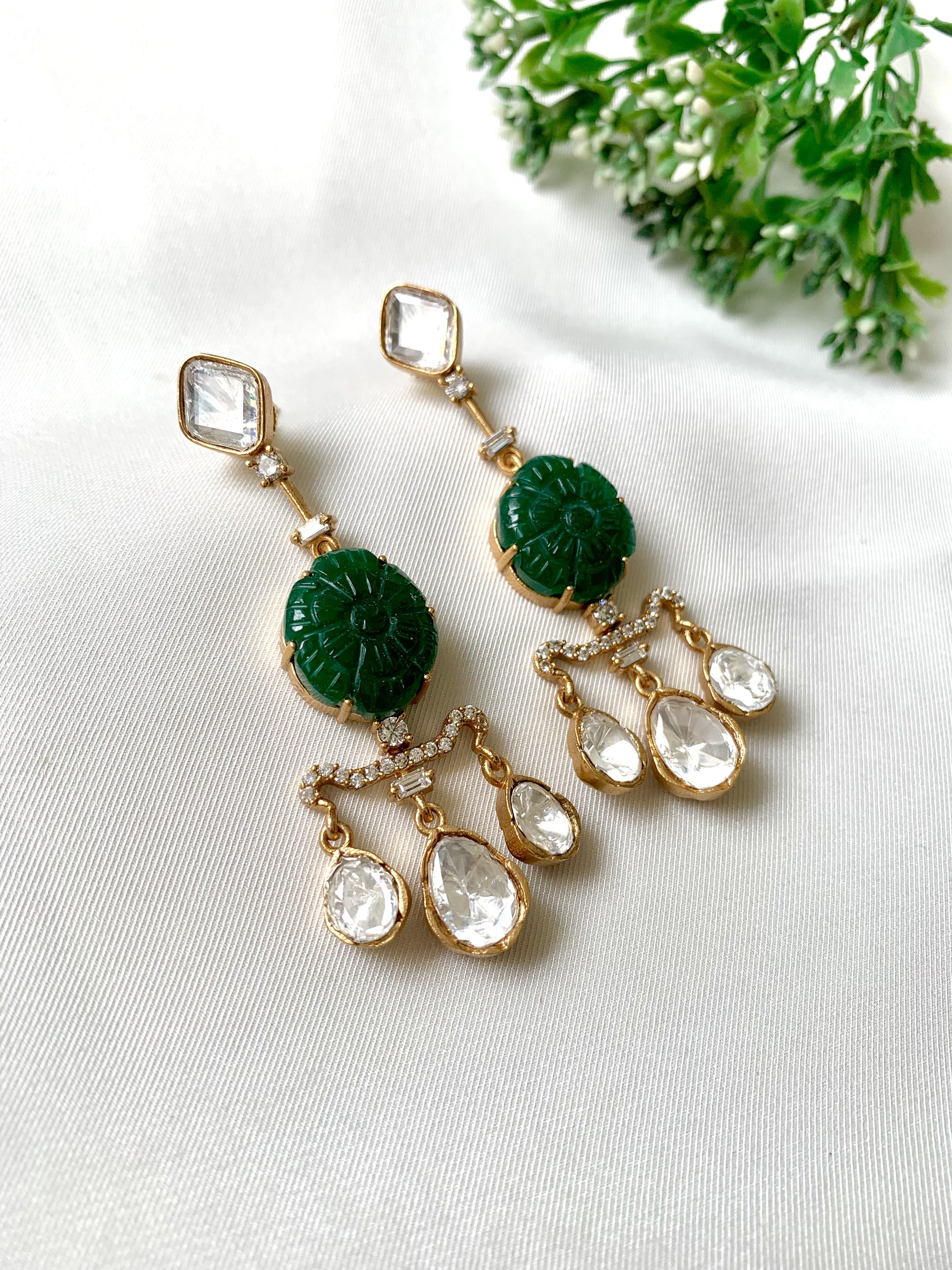 Evara Emerald Earrings with 22kt Victorian Gold Plating, Moissanite, American Diamonds & Hand-Carved Emeralds by Zamal Jewels