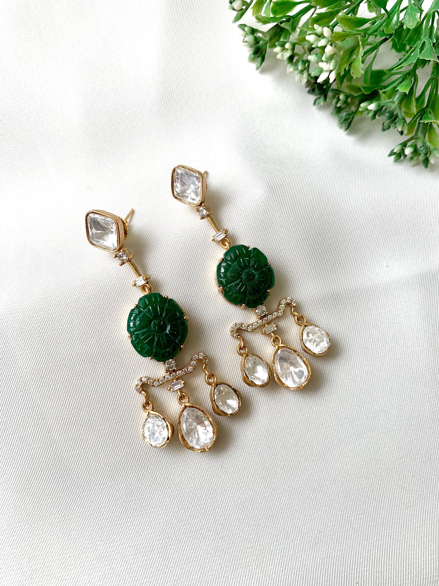 Evara Emerald Earrings with 22kt Victorian Gold Plating, Moissanite, American Diamonds & Hand-Carved Emeralds by Zamal Jewels