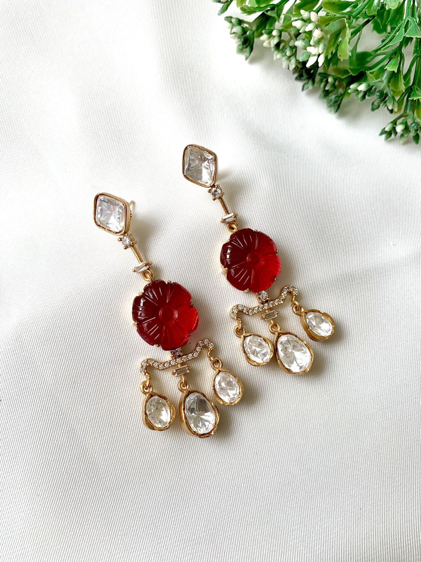 Evara Ruby Earrings with Moissanite, American Diamonds, and 22kt Victorian Gold by Zamal Jewels