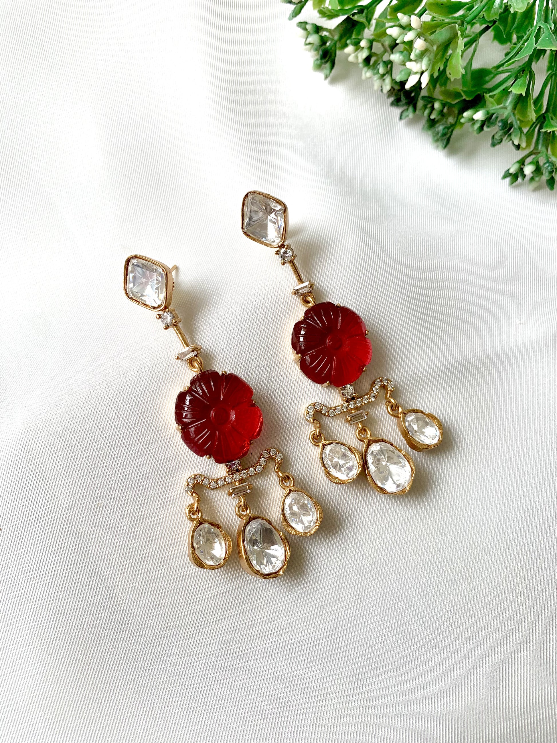 Evara Ruby Earrings with Moissanite, American Diamonds, and 22kt Victorian Gold by Zamal Jewels