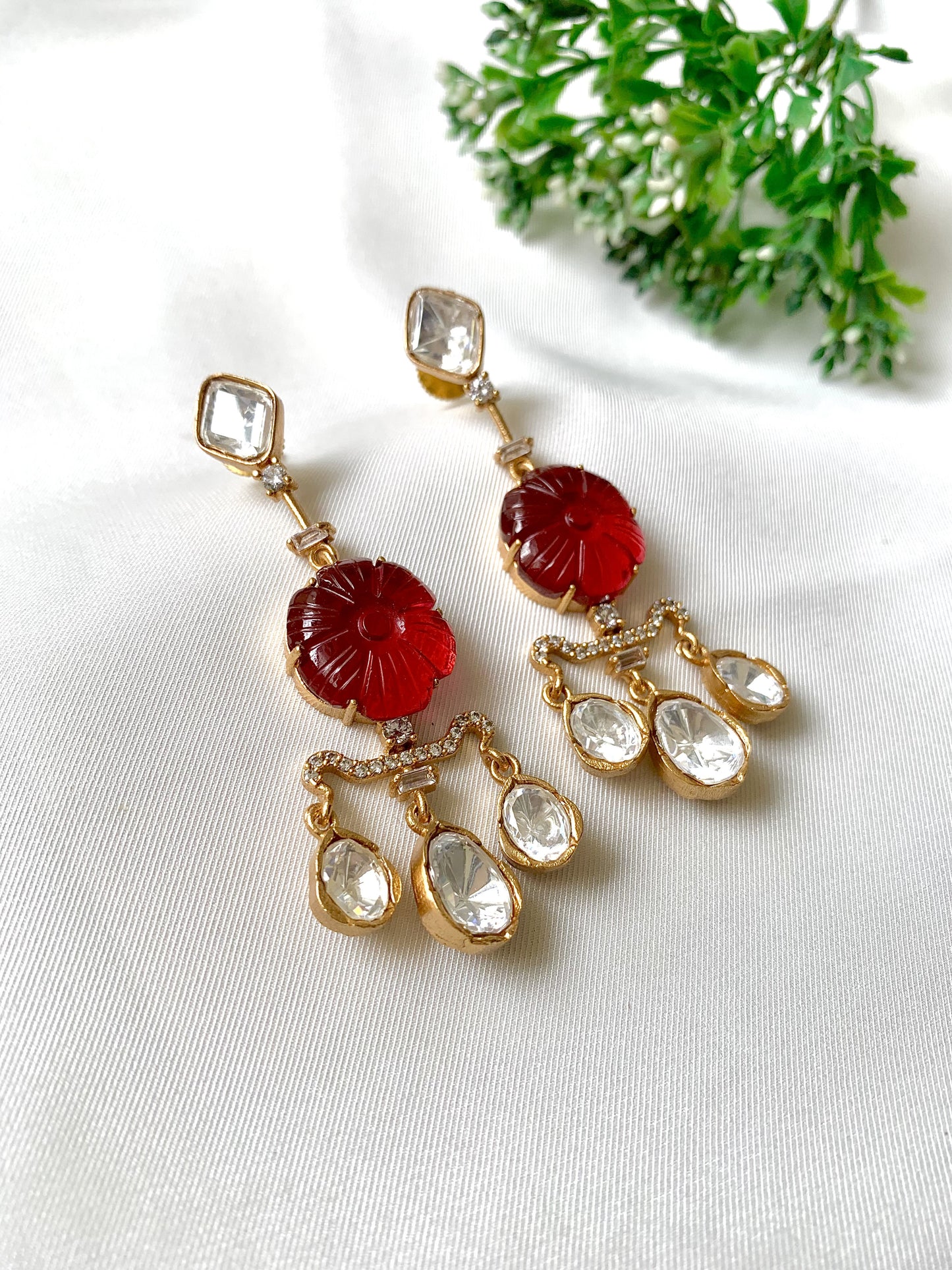Evara Ruby Earrings with Moissanite, American Diamonds, and 22kt Victorian Gold by Zamal Jewels