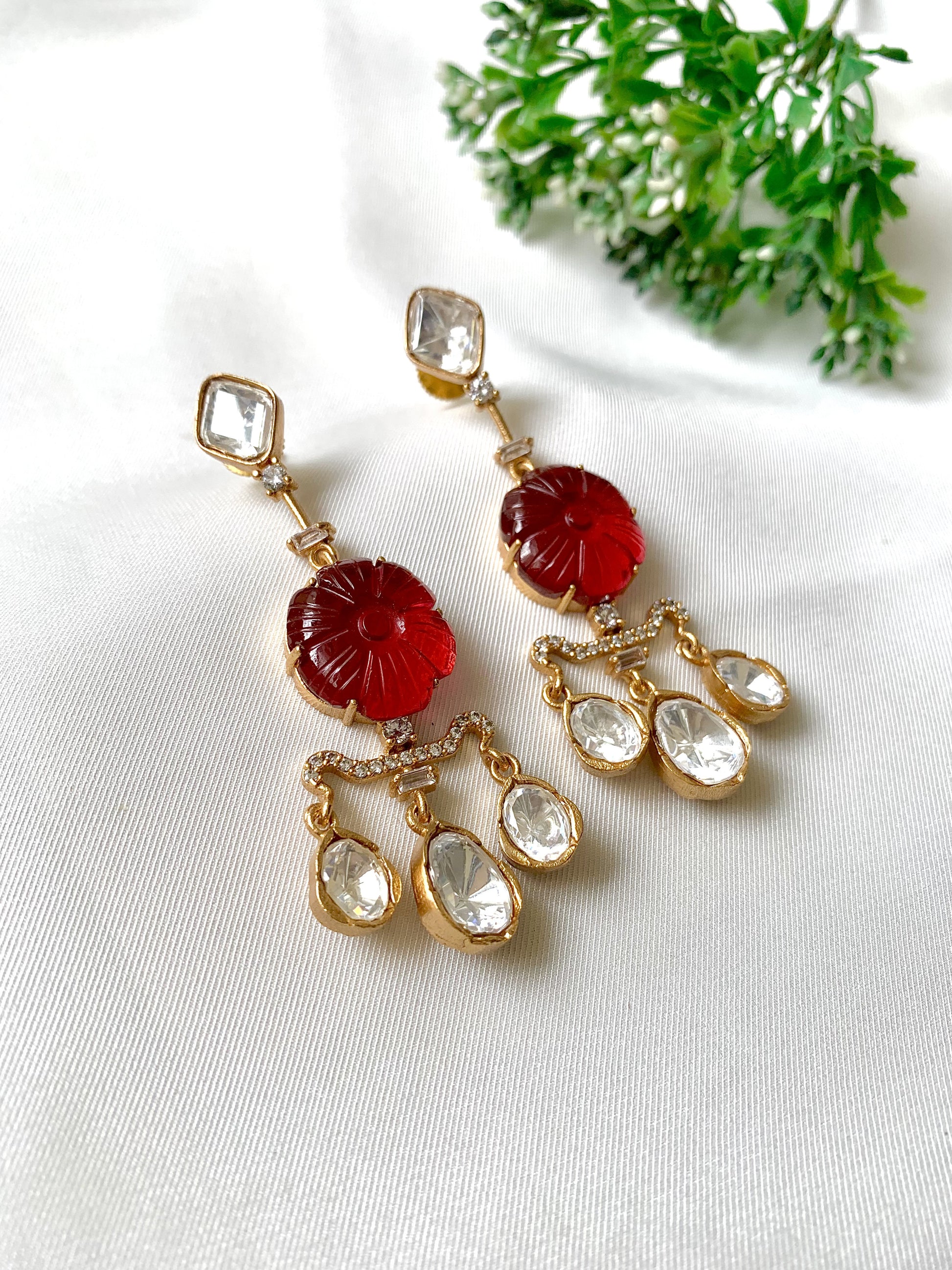 Evara Ruby Earrings with Moissanite, American Diamonds, and 22kt Victorian Gold by Zamal Jewels