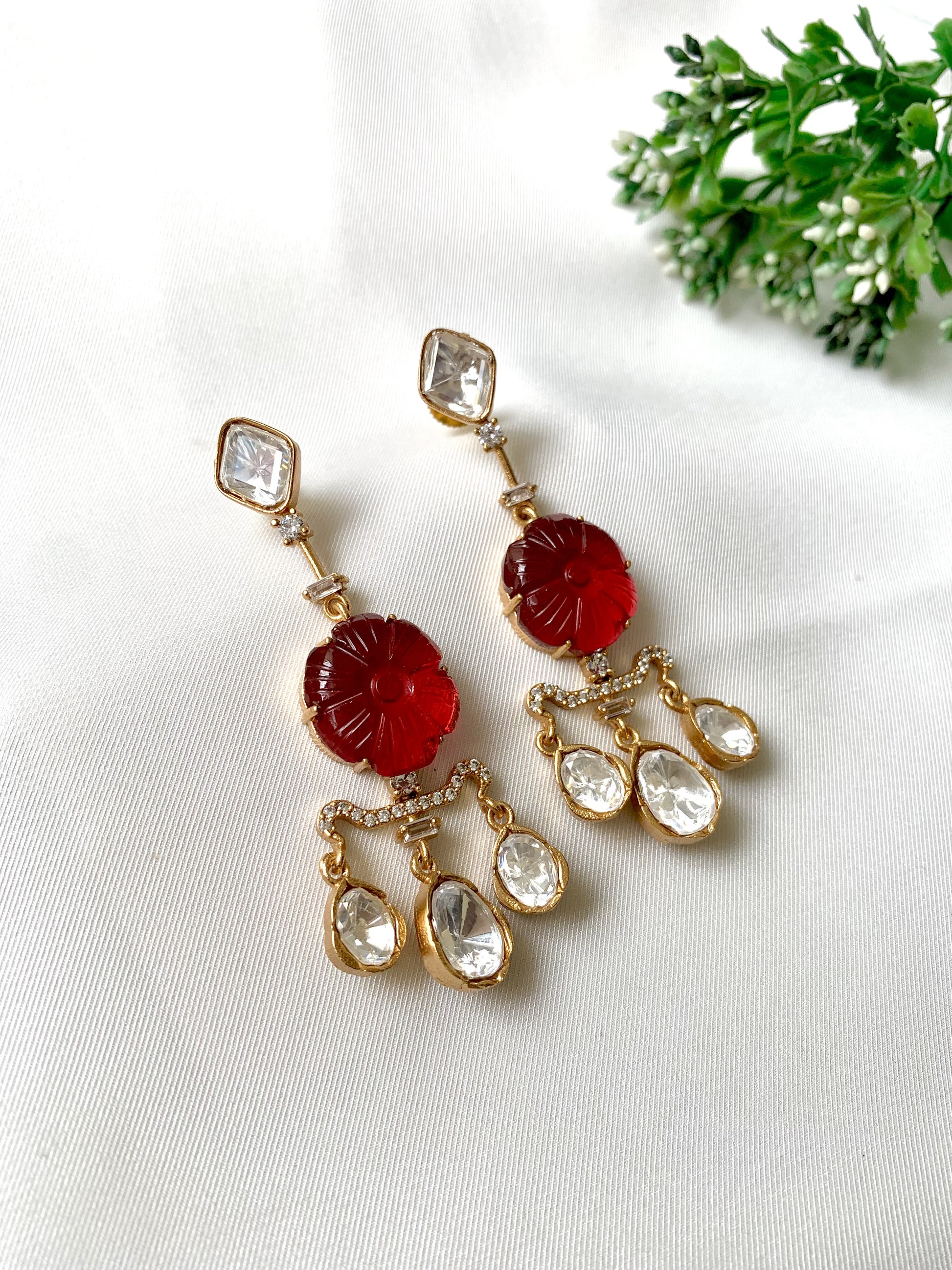 Evara Ruby Earrings with Moissanite, American Diamonds, and 22kt Victorian Gold by Zamal Jewels