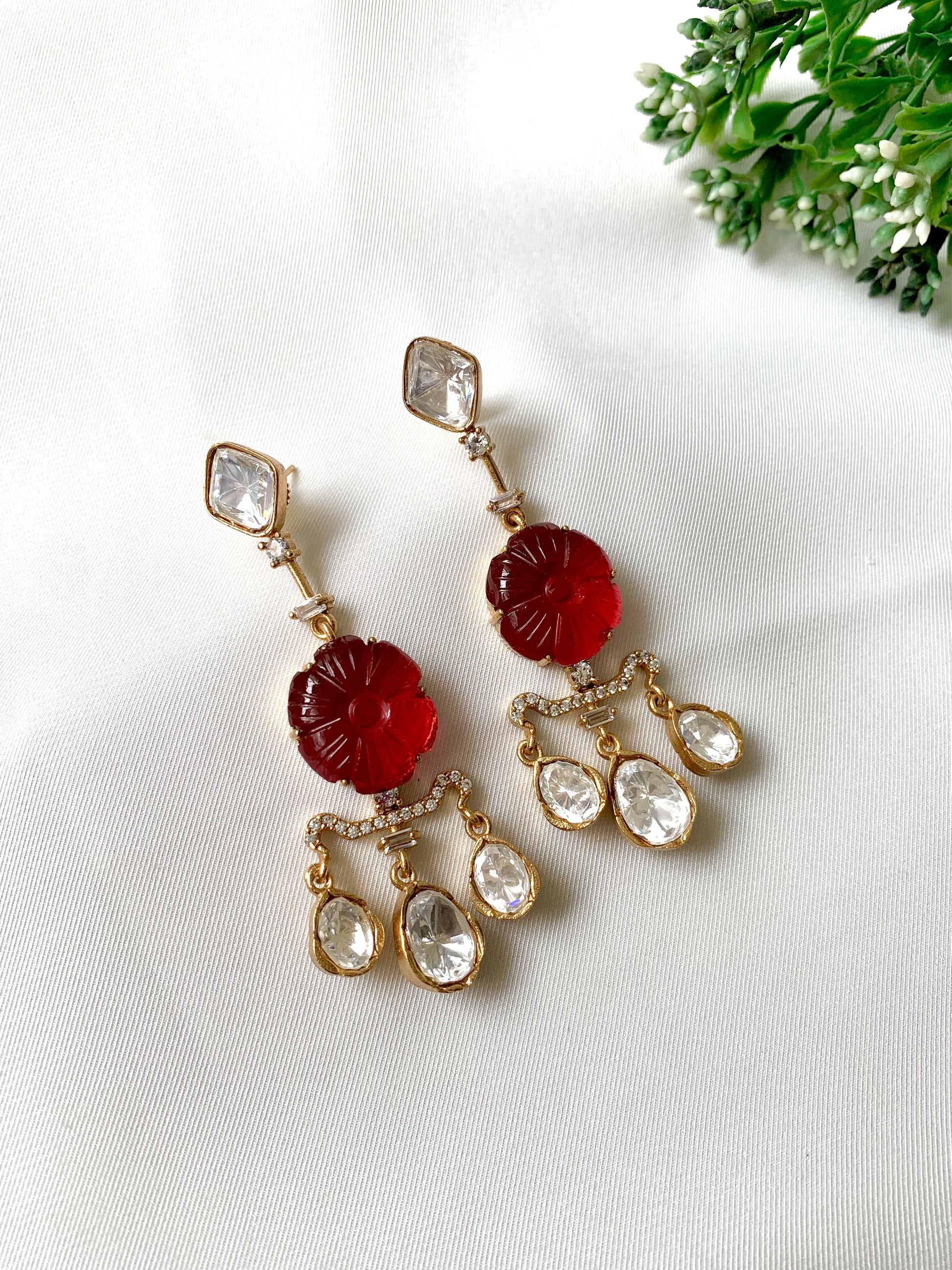 Evara Ruby Earrings with Moissanite, American Diamonds, and 22kt Victorian Gold by Zamal Jewels