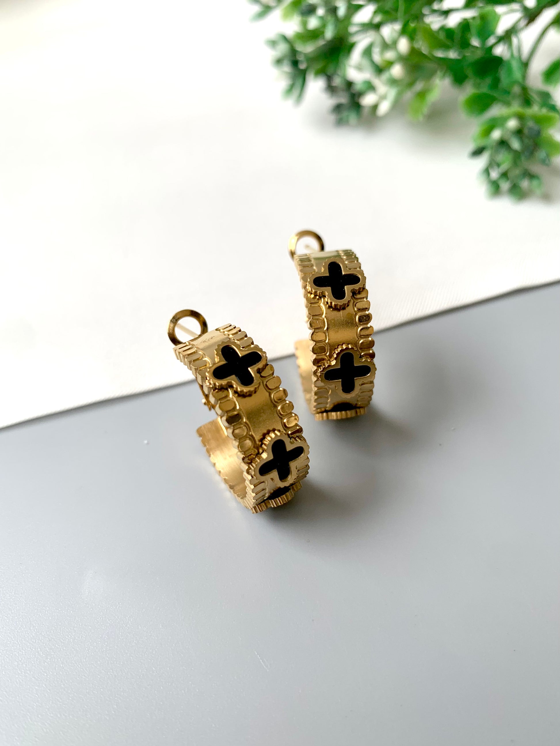 Gold-plated stainless steel daily wear hoops with black enamel tile detailing – Zamal Jewels FORMA Collection