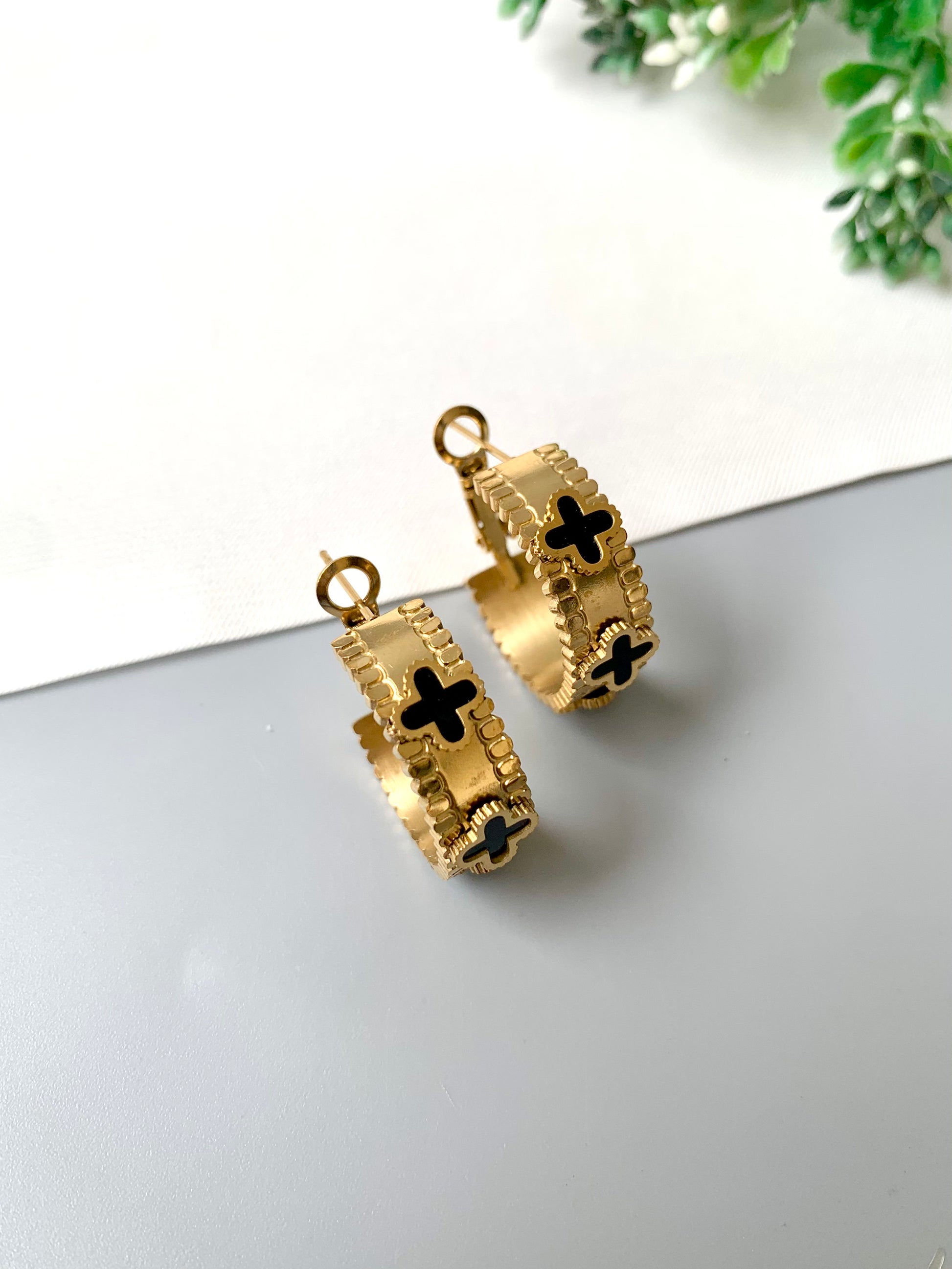 Gold-plated stainless steel daily wear hoops with black enamel tile detailing – Zamal Jewels FORMA Collection