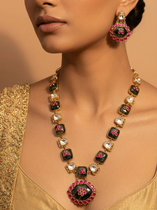 Falak Moonstone signature maala set in Victorian gold plating with moonstone, ruby and moissanite kundan