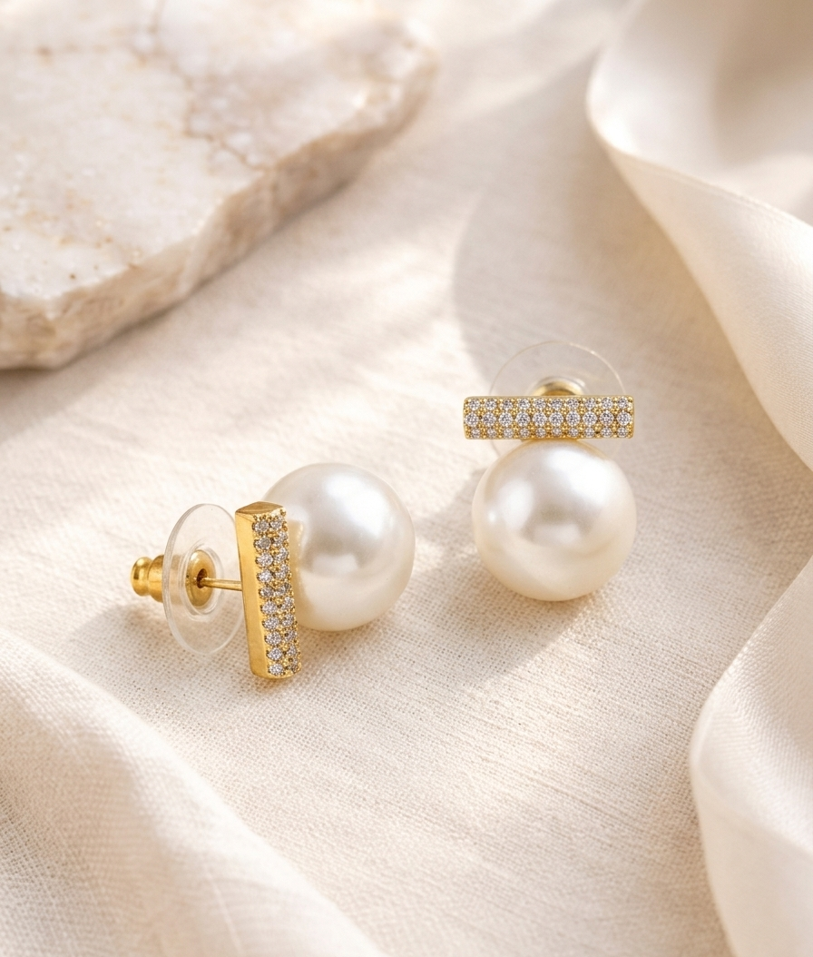 Freda handcrafted American Diamond and semi-precious Pearl studs in 22kt gold and rhodium plating
