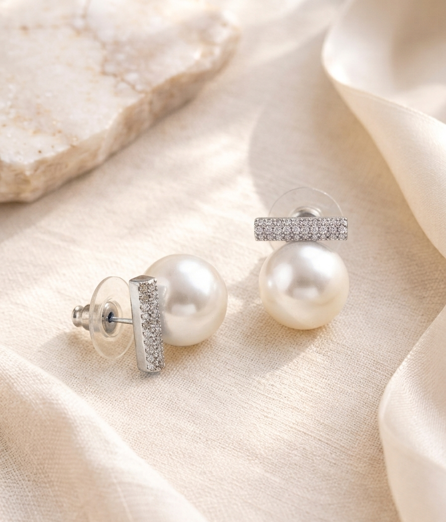 Freda handcrafted American Diamond and semi-precious Pearl studs in 22kt gold and rhodium plating