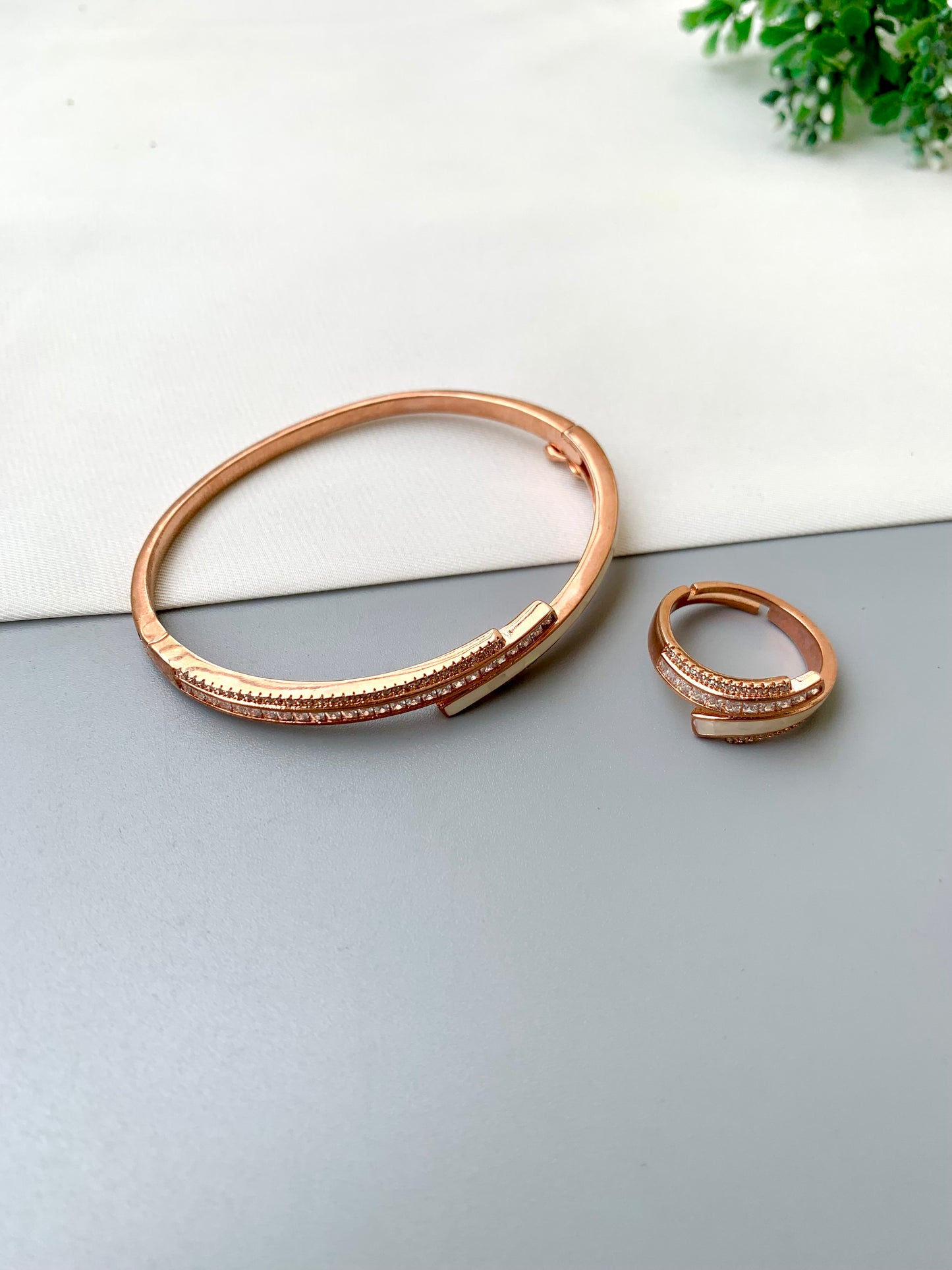 Gabana handcrafted 22kt rose gold bracelet and adjustable ring combo with American Diamonds and real Mother of Pearl