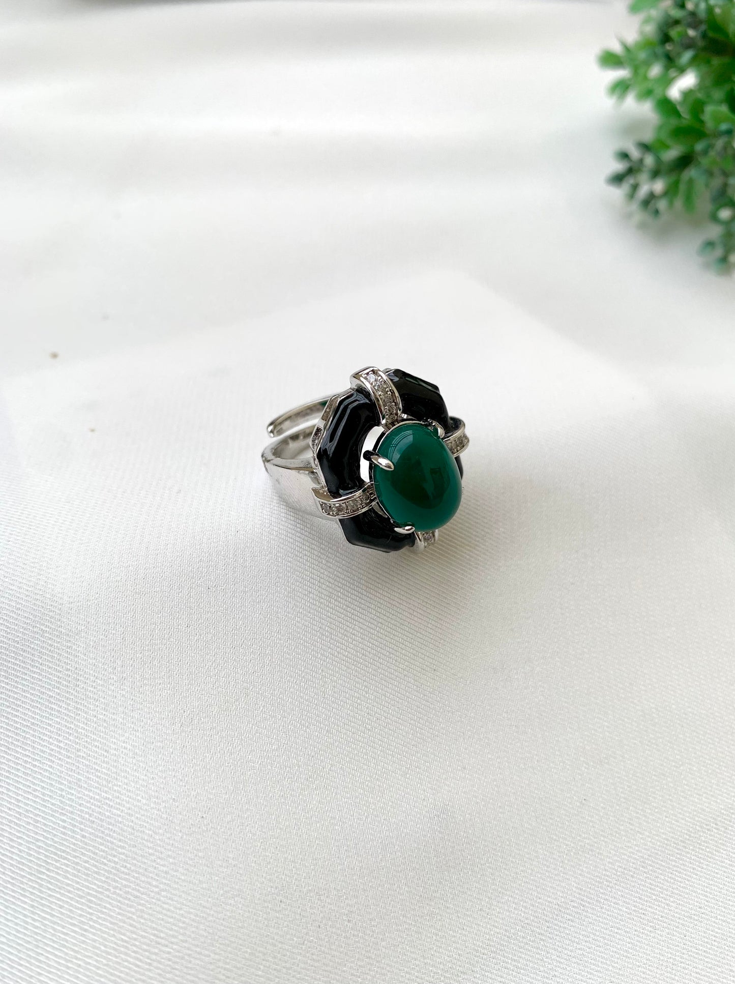 Ginnie handcrafted adjustable ring with American Diamonds, semi-precious Ruby or Emerald and hand-painted Meena work