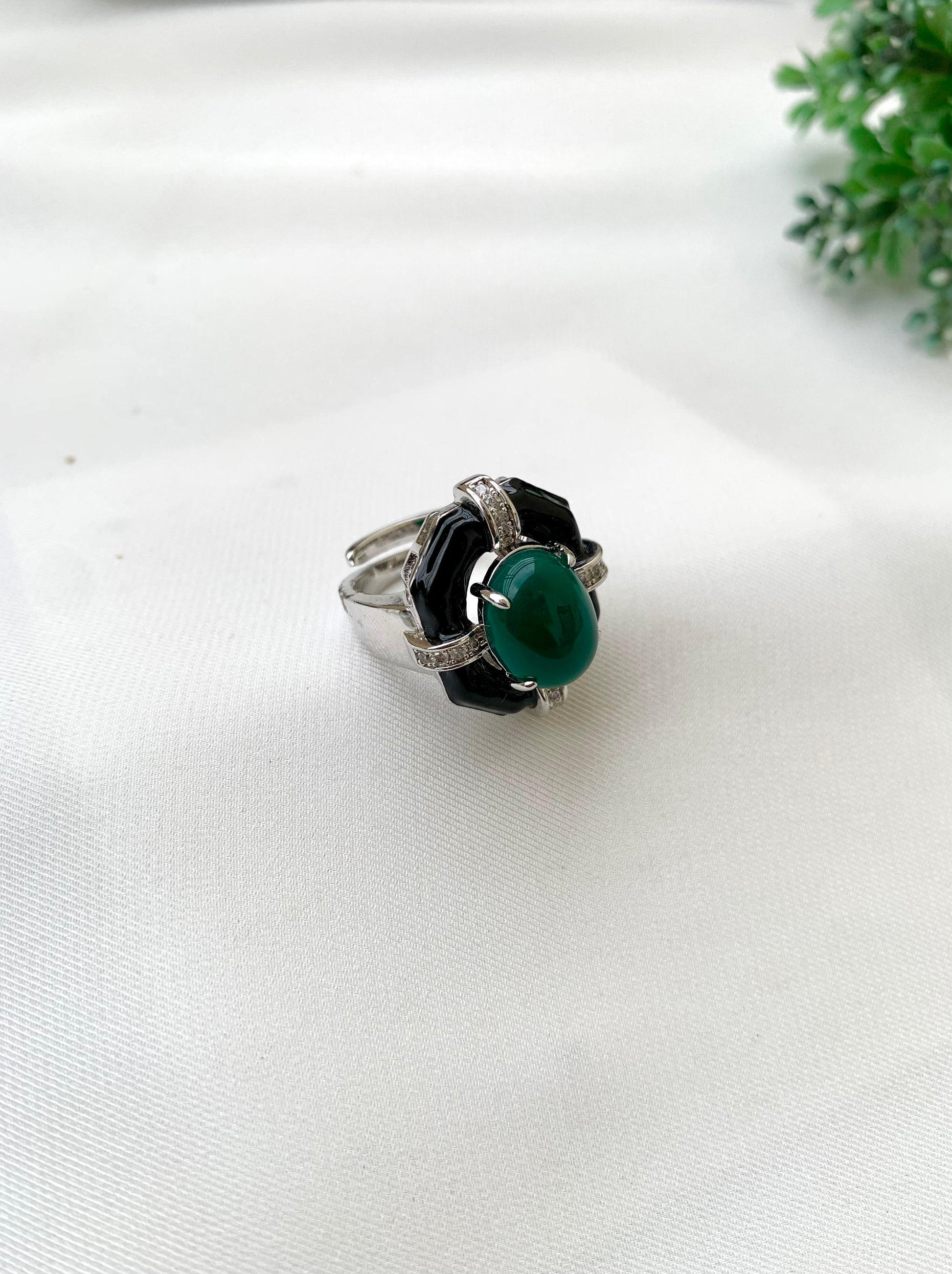 Ginnie handcrafted adjustable ring with American Diamonds, semi-precious Ruby or Emerald and hand-painted Meena work