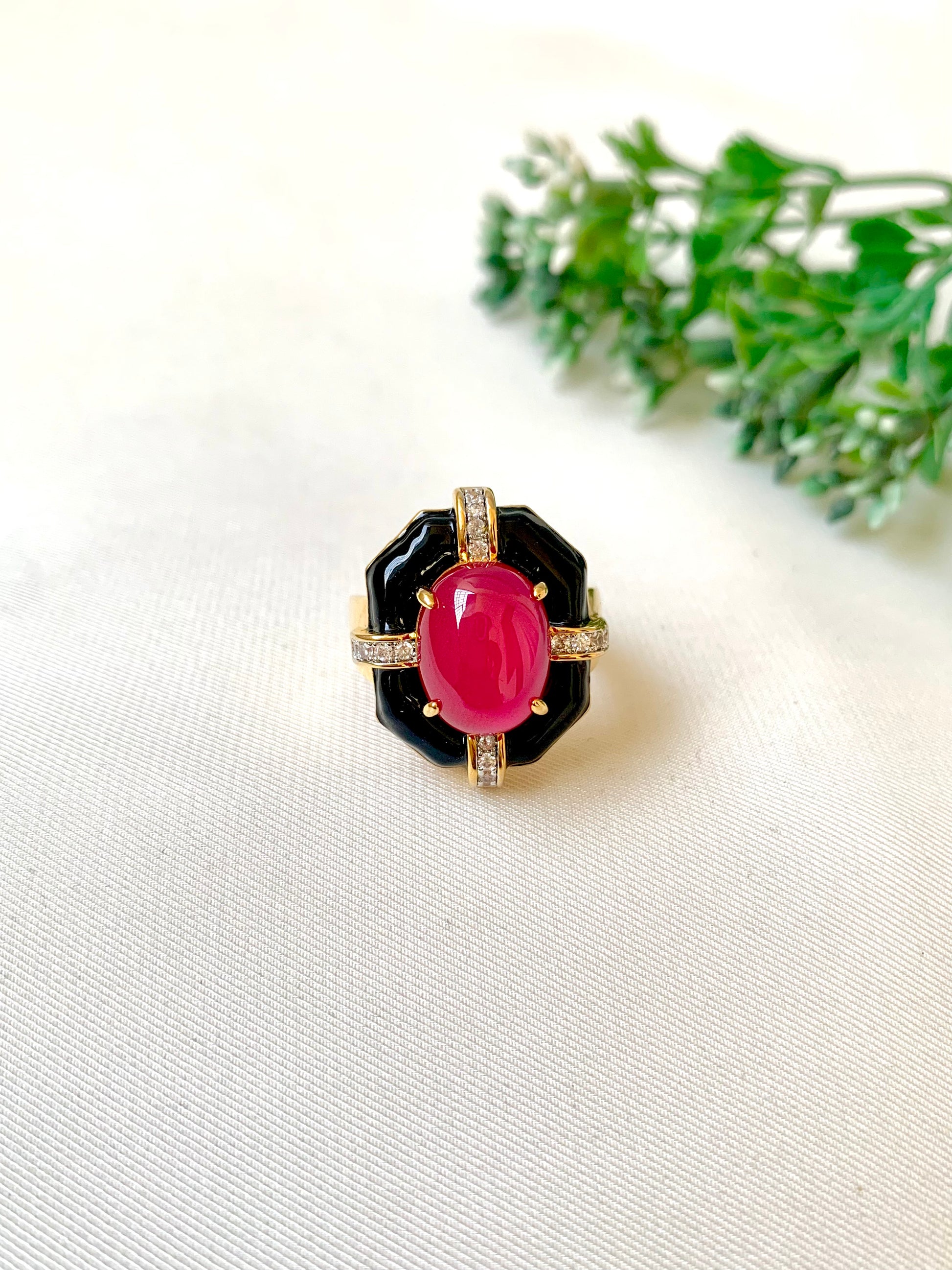 Ginnie handcrafted adjustable ring with American Diamonds, semi-precious Ruby or Emerald and hand-painted Meena work