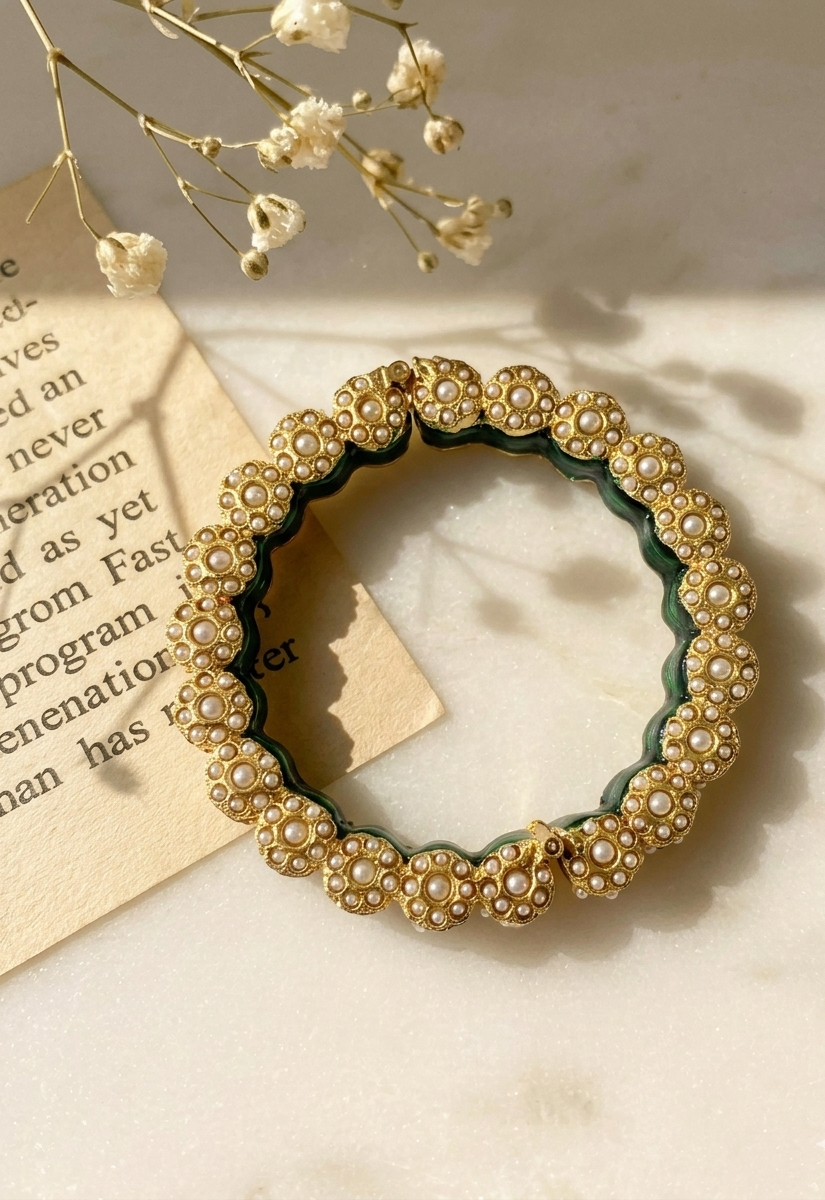 Green and gold openable bangle with semi-precious pearls and hand-painted Meena by Zamal Jewels