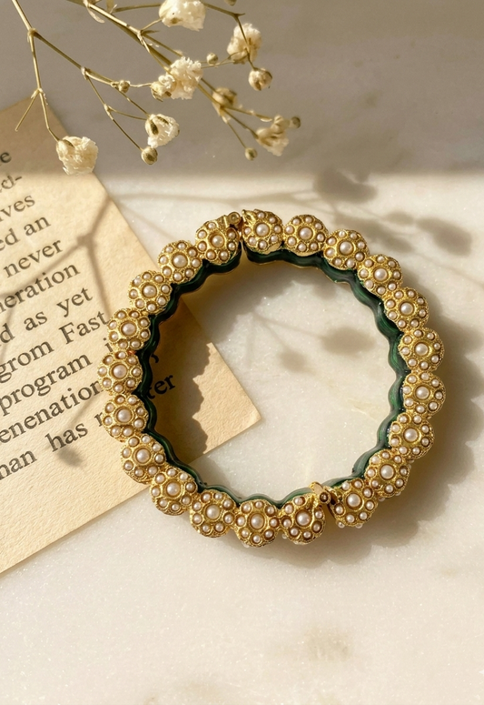 Green and gold openable bangle with semi-precious pearls and hand-painted Meena by Zamal Jewels