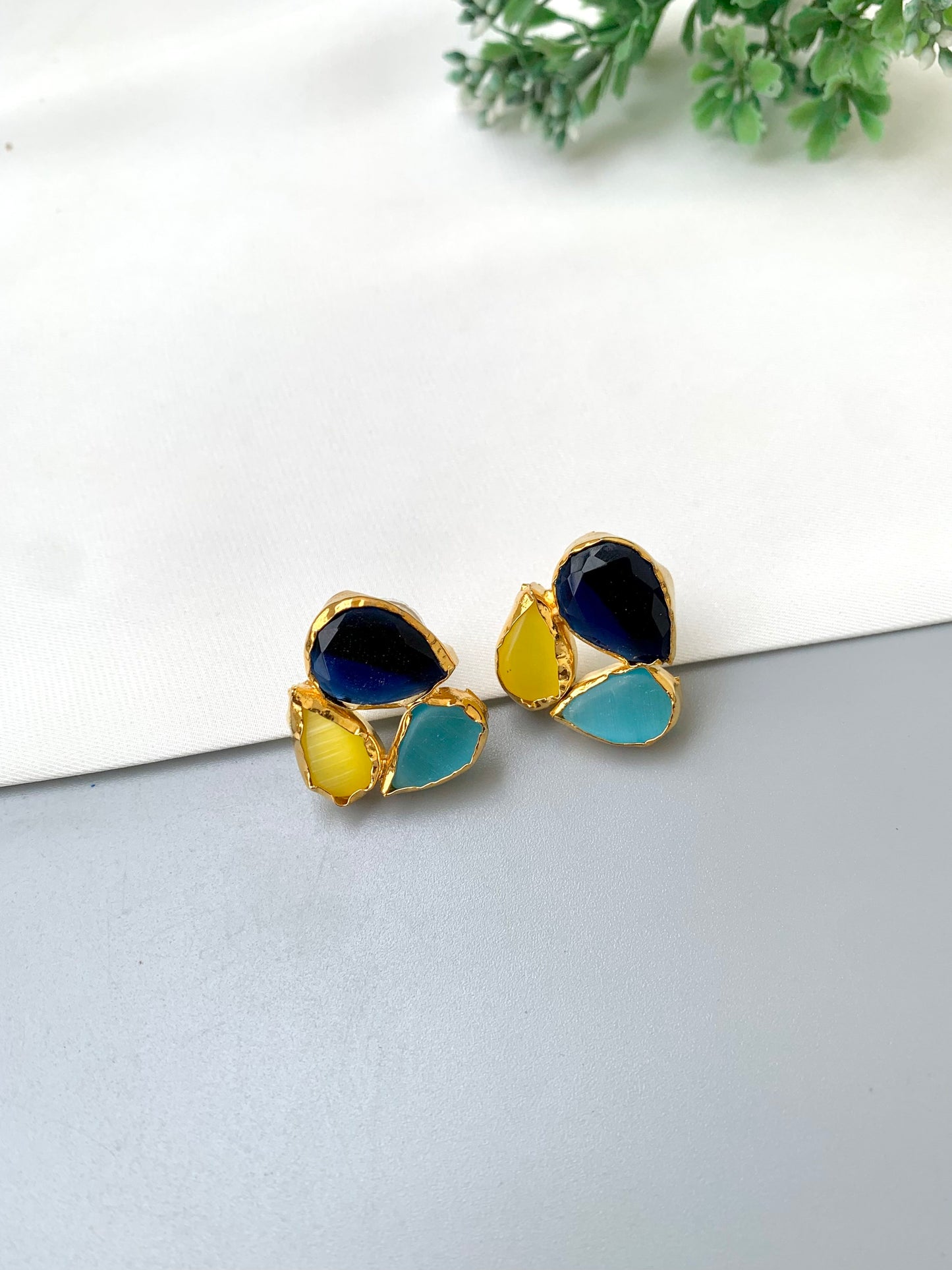 Hamna handcrafted 22kt gold plated stud earrings with semi-precious Sapphire, Feroza and Citrine