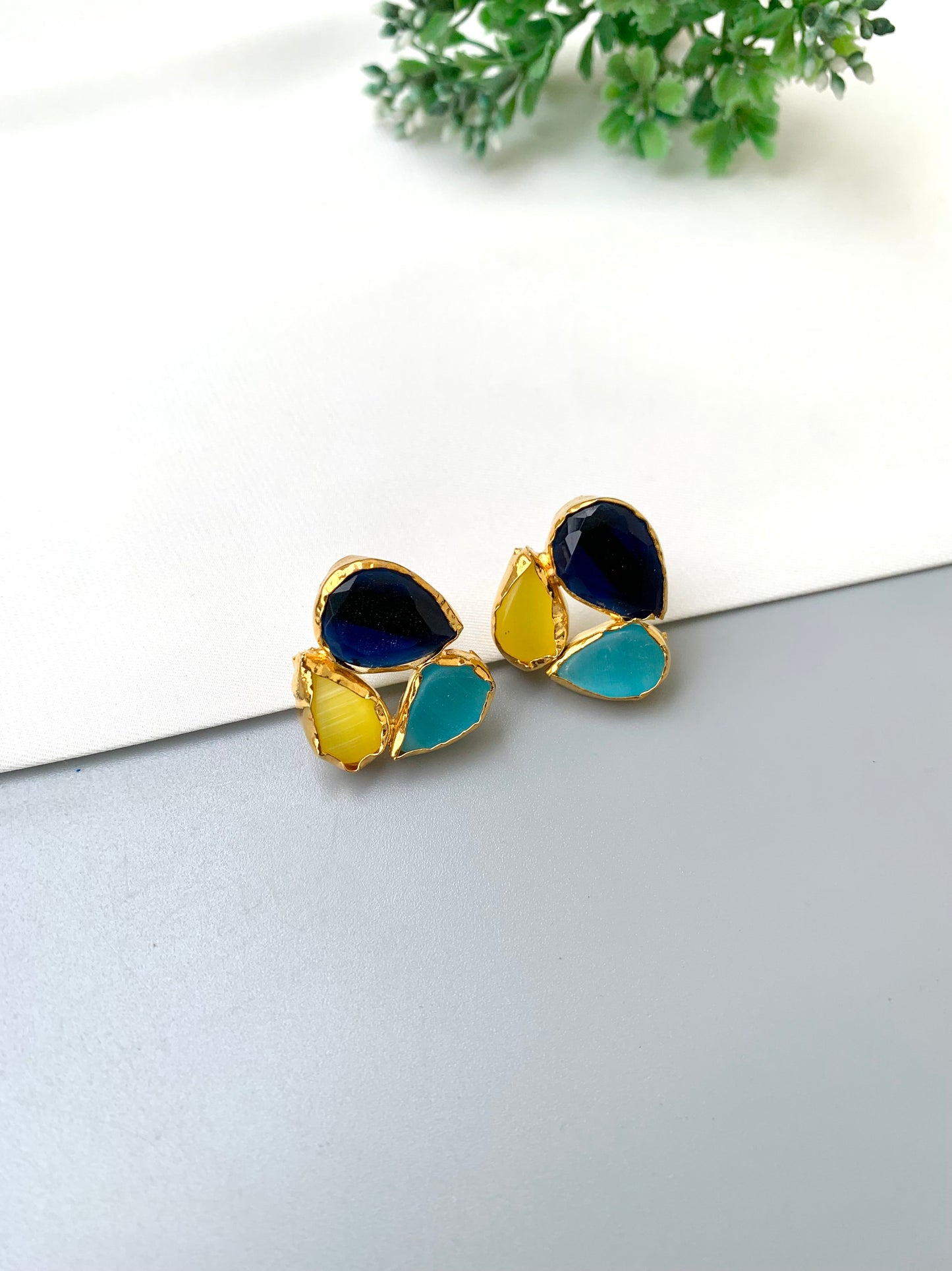 Hamna handcrafted 22kt gold plated stud earrings with semi-precious Sapphire, Feroza and Citrine