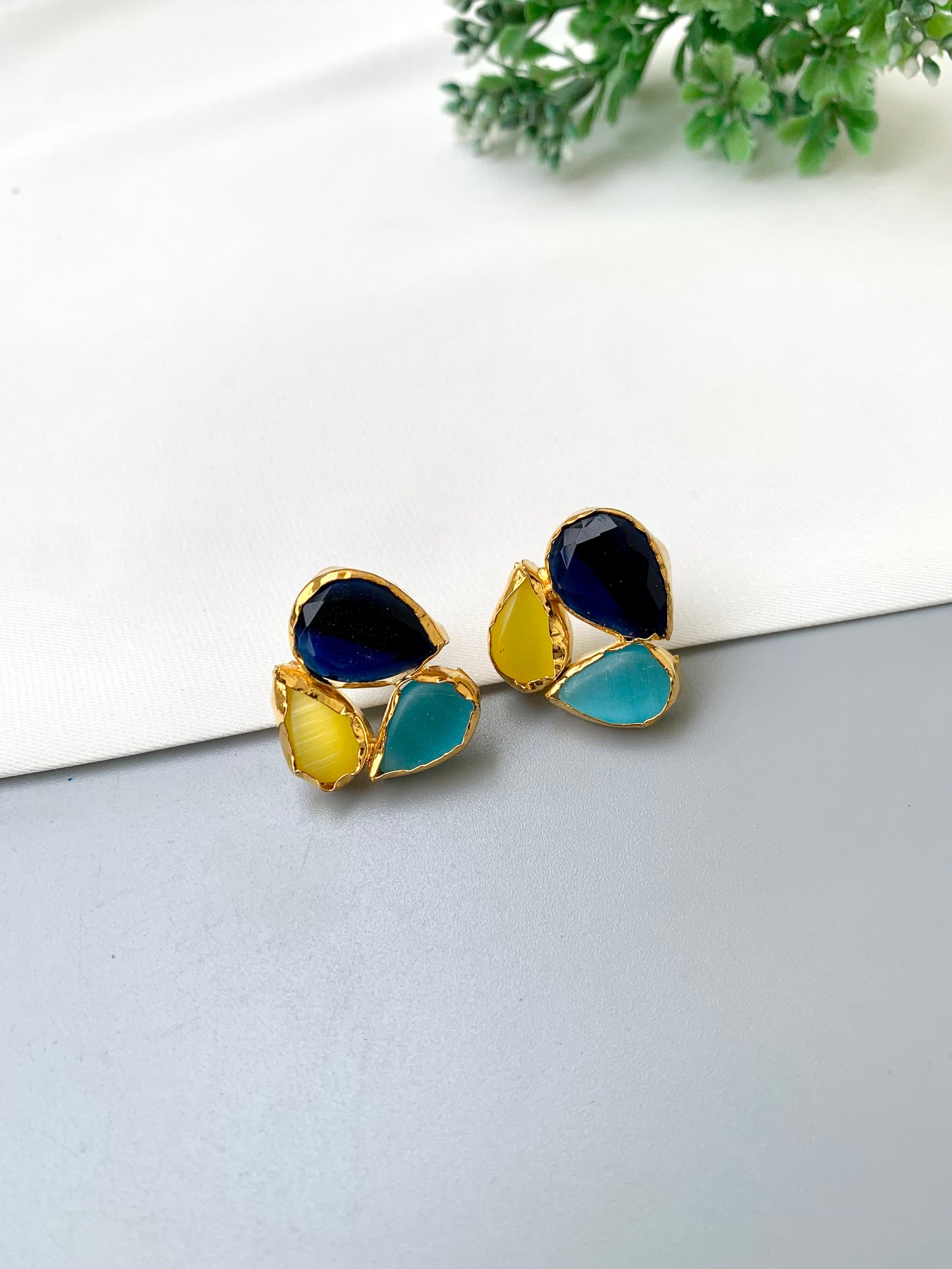 Hamna handcrafted 22kt gold plated stud earrings with semi-precious Sapphire, Feroza and Citrine