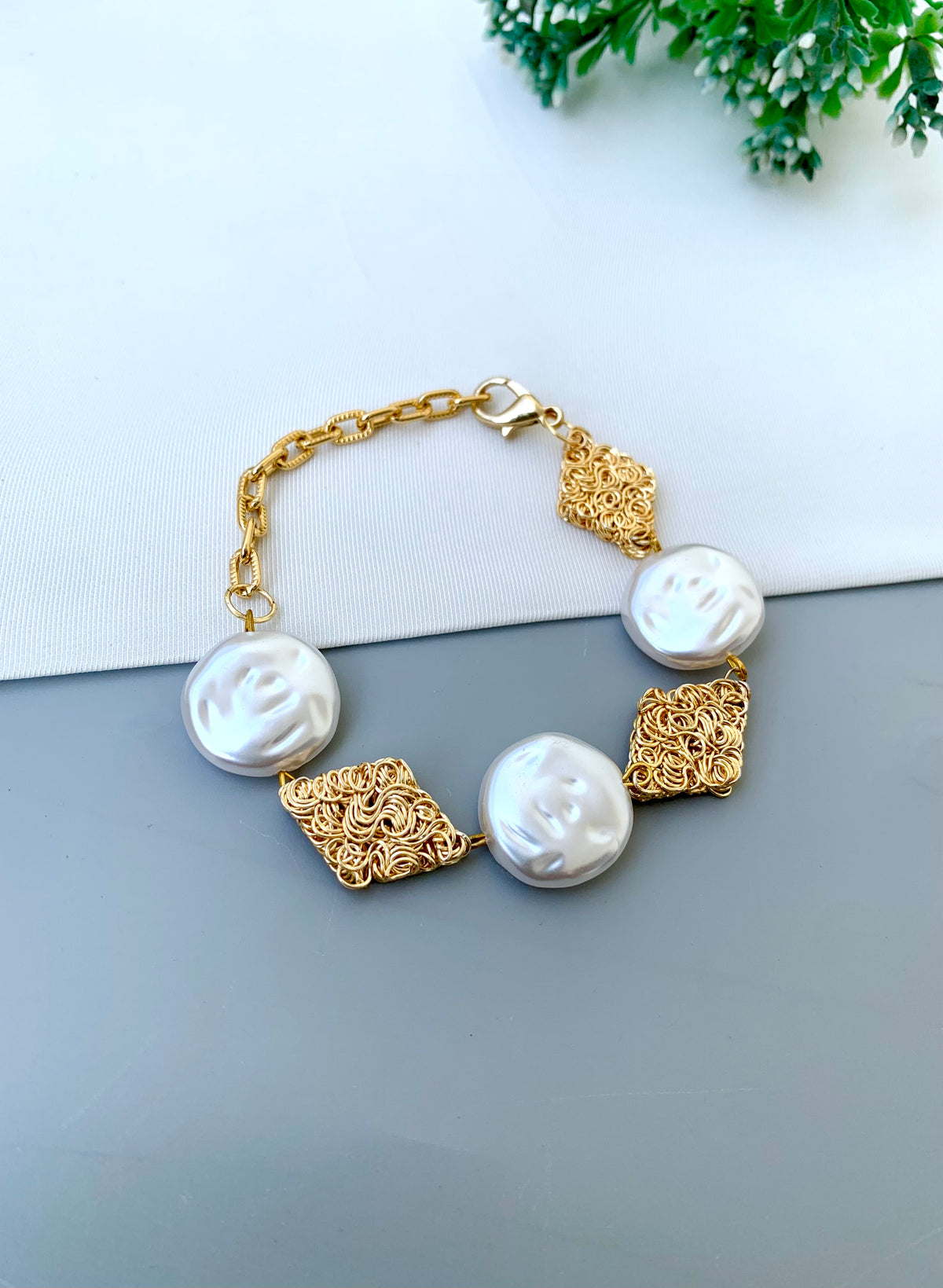 Helen handcrafted 22kt Gold plated bracelet with semi-precious Pearls