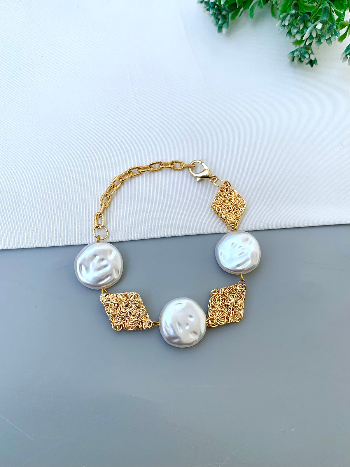 Helen handcrafted 22kt Gold plated bracelet with semi-precious Pearls