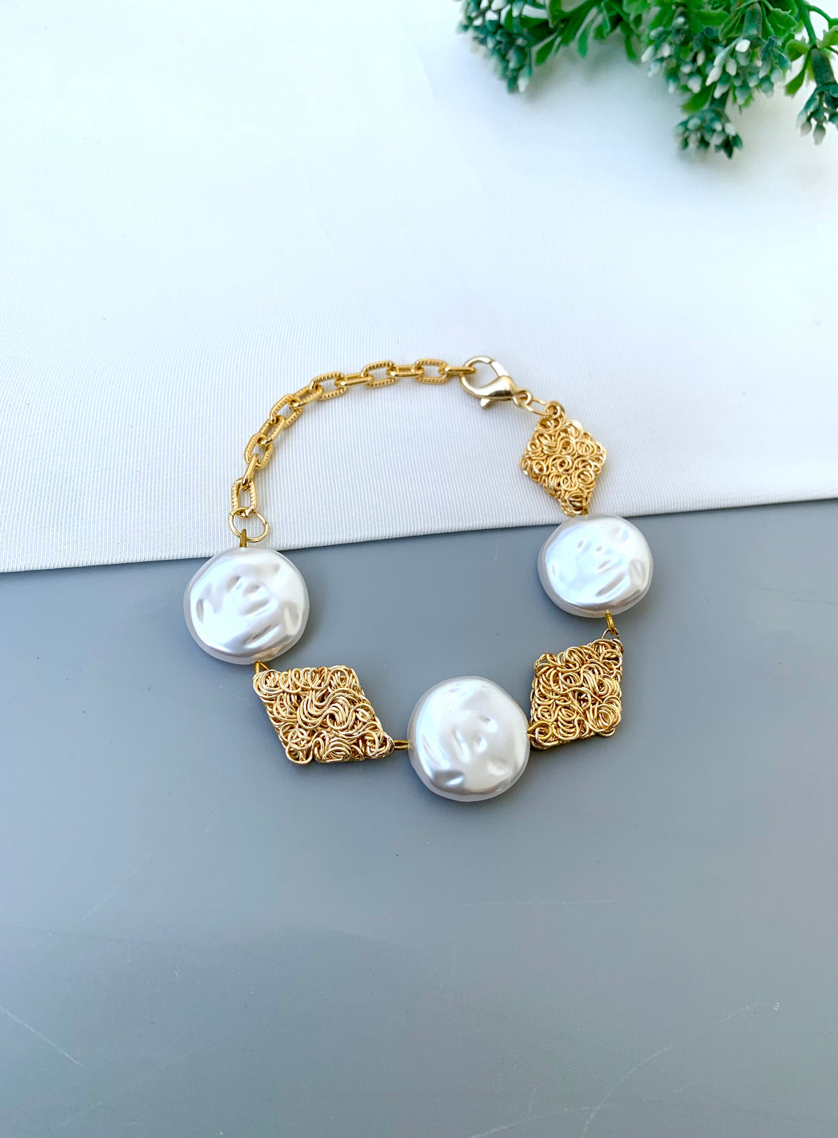Helen handcrafted 22kt Gold plated bracelet with semi-precious Pearls