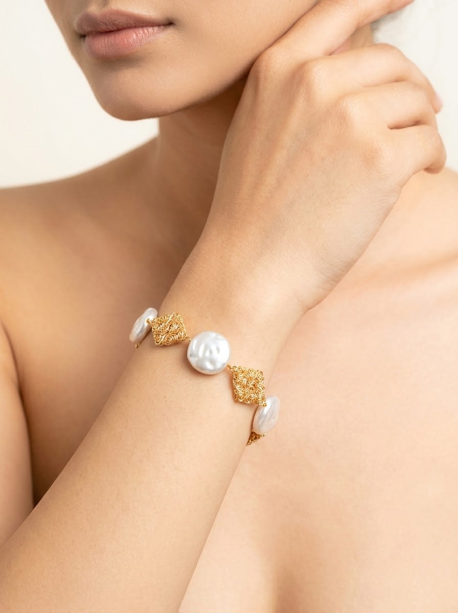 Helen handcrafted 22kt Gold plated bracelet with semi-precious Pearls