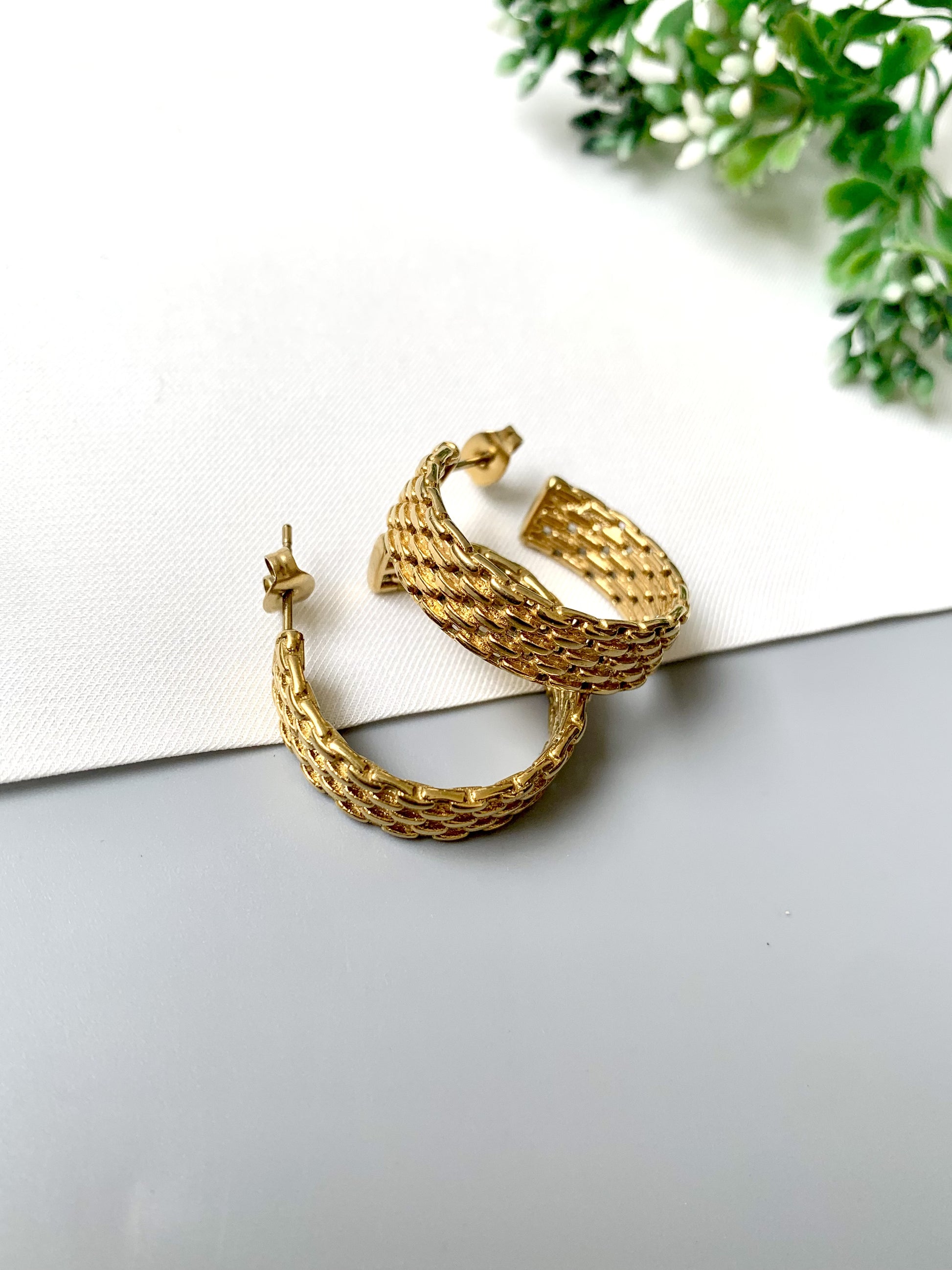 Gold plated stainless steel Linka Hoops with textured chain design from FORMA by Zamal Jewels