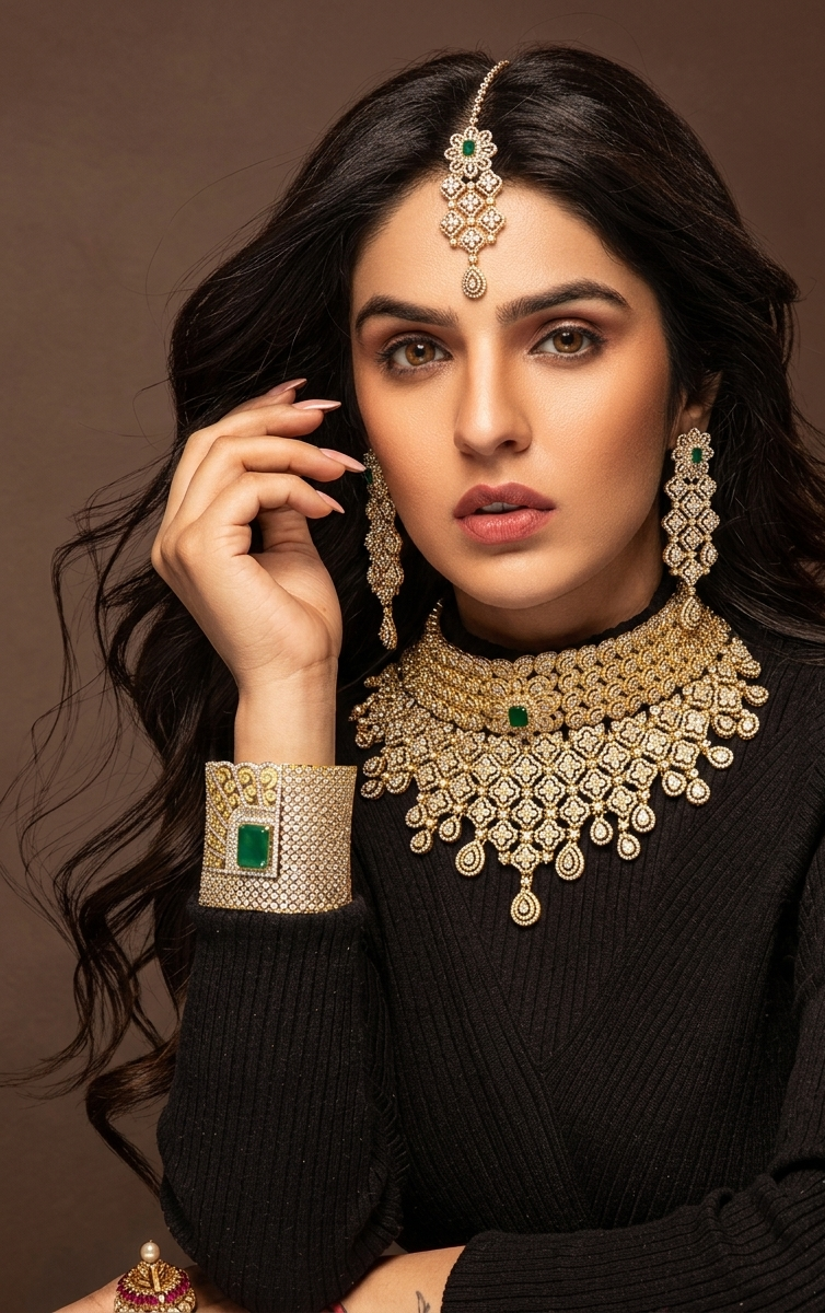 Jamna handcrafted 22kt gold plated bridal set with American Diamonds, semi-precious Emeralds, choker, earrings, tikka and hand cuff