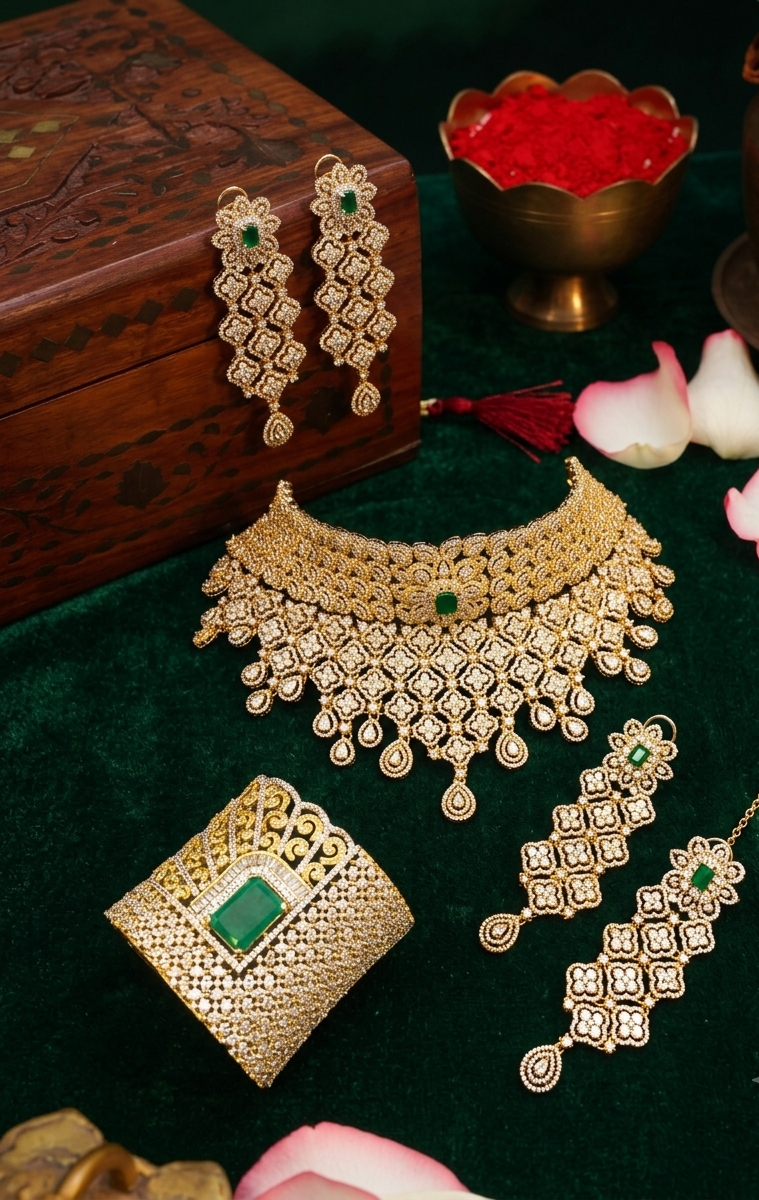 Jamna handcrafted 22kt gold plated bridal set with American Diamonds, semi-precious Emeralds, choker, earrings, tikka and hand cuff