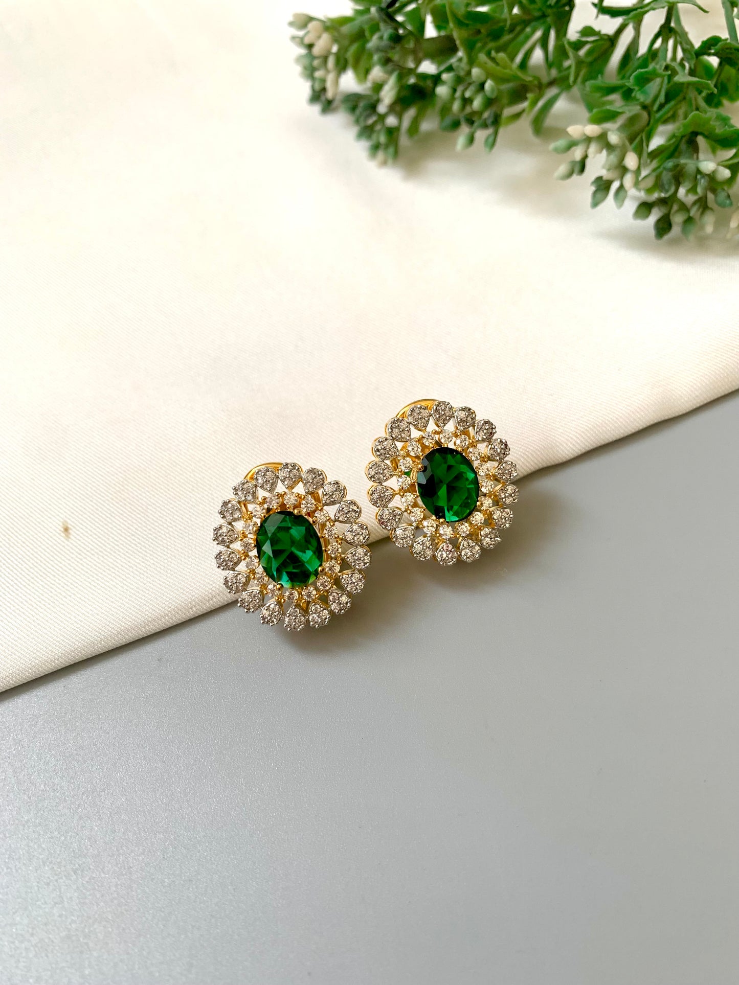Janice Stud Earrings with Hydro Green Stone and American Diamonds, Gold Plated by Zamal Jewels