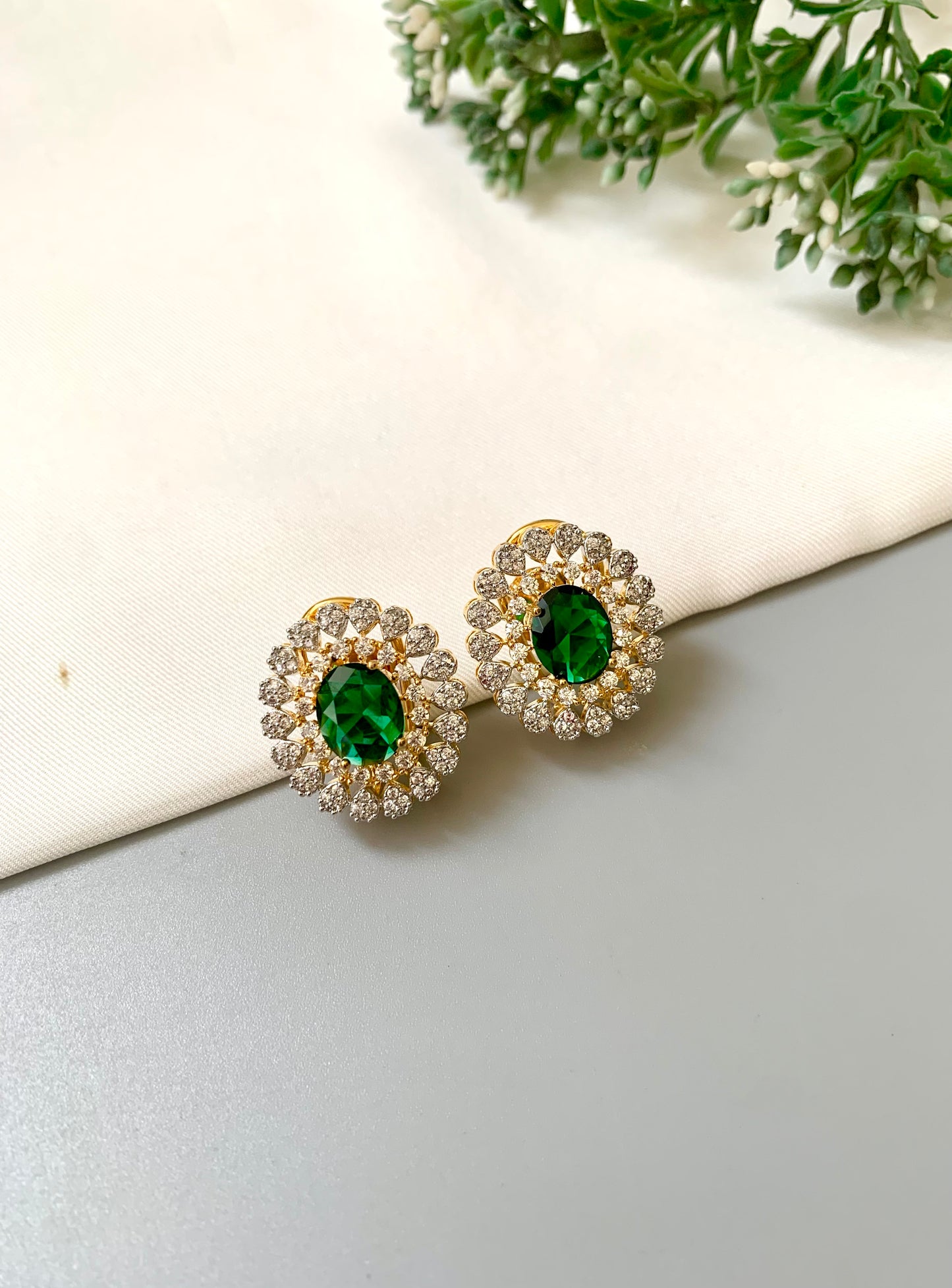 Janice Stud Earrings with Hydro Green Stone and American Diamonds, Gold Plated by Zamal Jewels