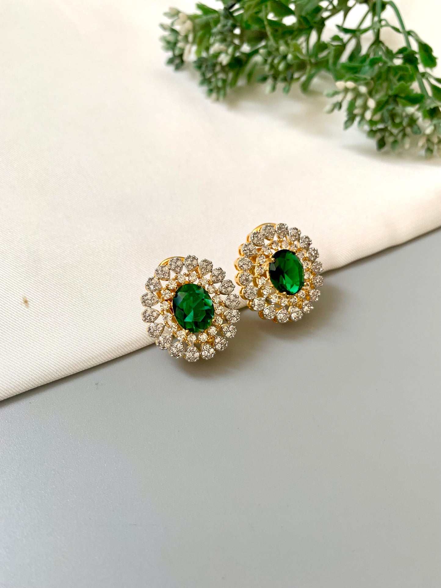 Janice Stud Earrings with Hydro Green Stone and American Diamonds, Gold Plated by Zamal Jewels