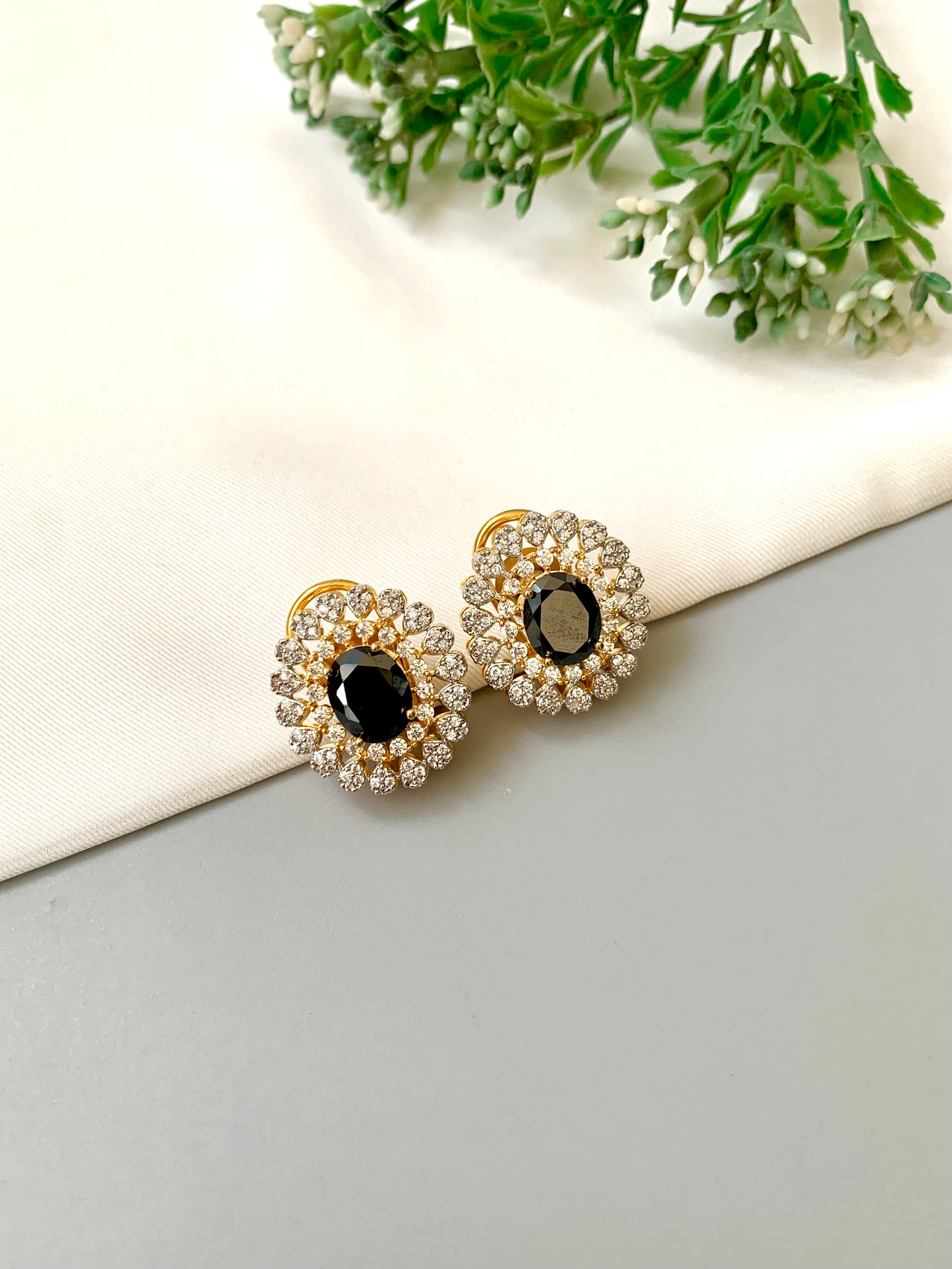Janice Onyx Stud Earrings in 22kt Gold with American Diamonds by Zamal Jewels