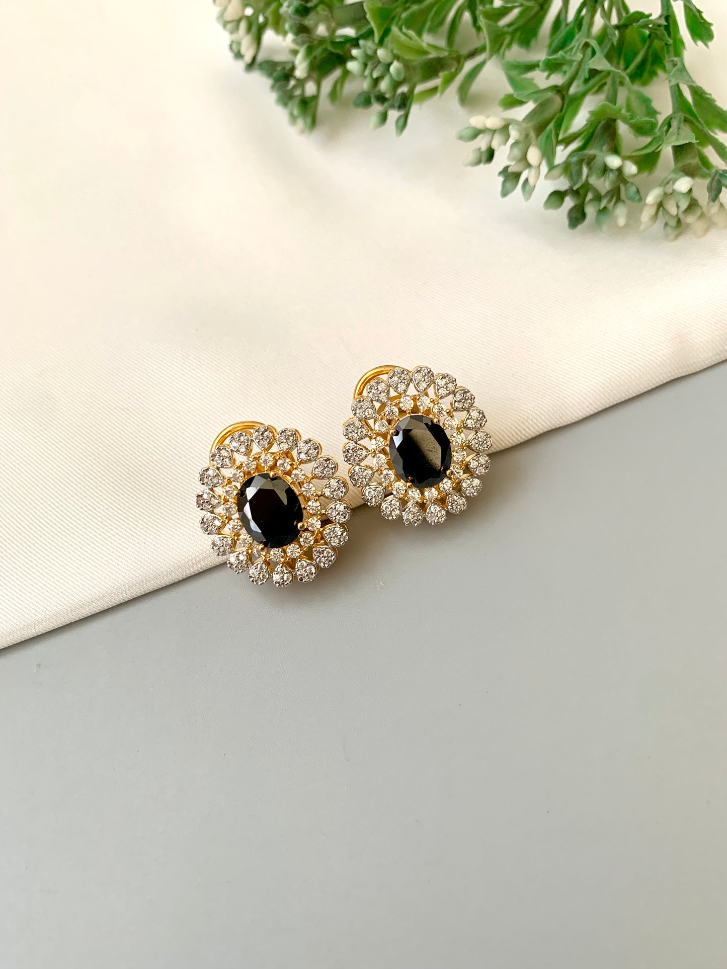 Janice Onyx Stud Earrings in 22kt Gold with American Diamonds by Zamal Jewels