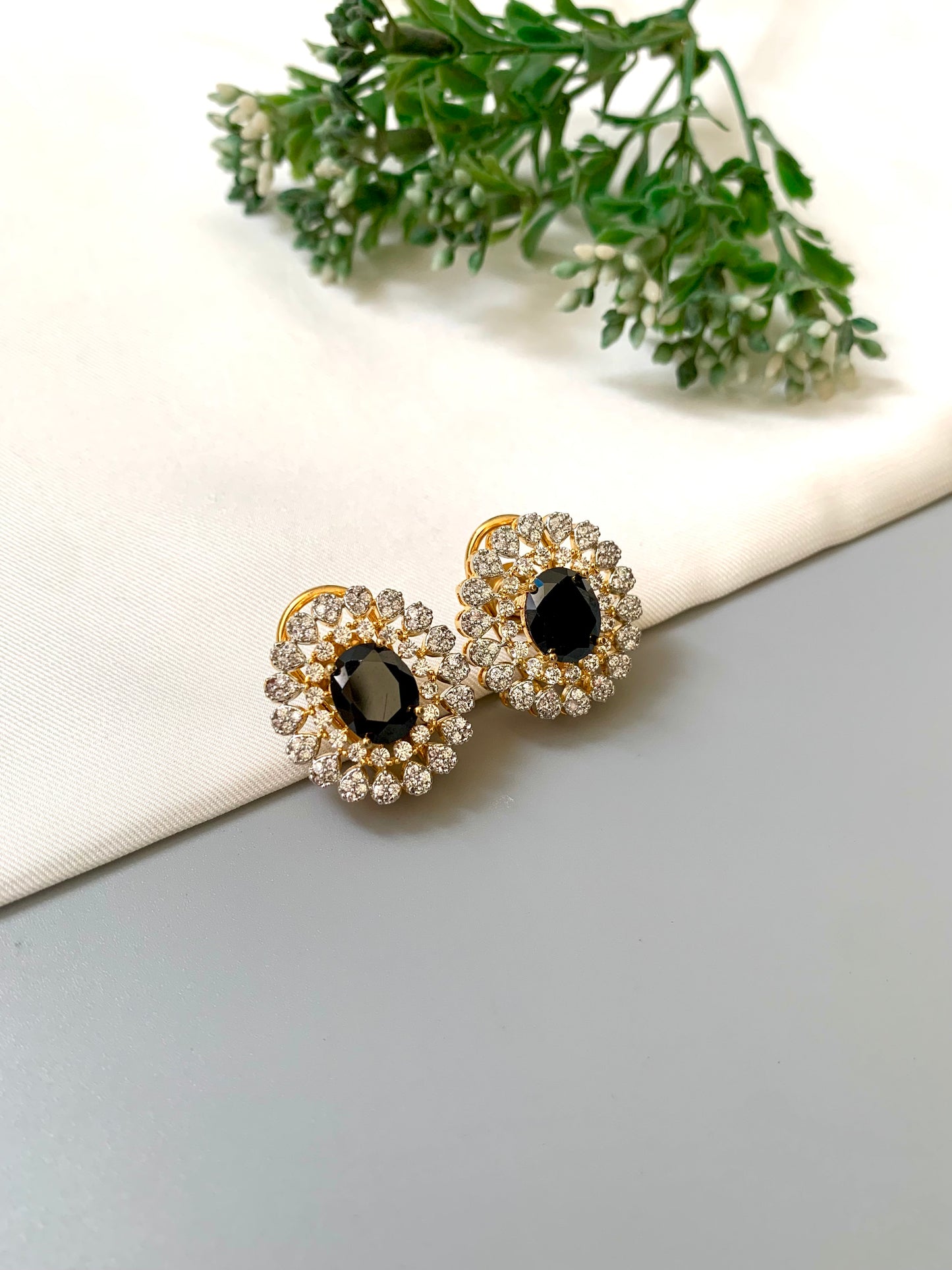 Janice Onyx Stud Earrings in 22kt Gold with American Diamonds by Zamal Jewels