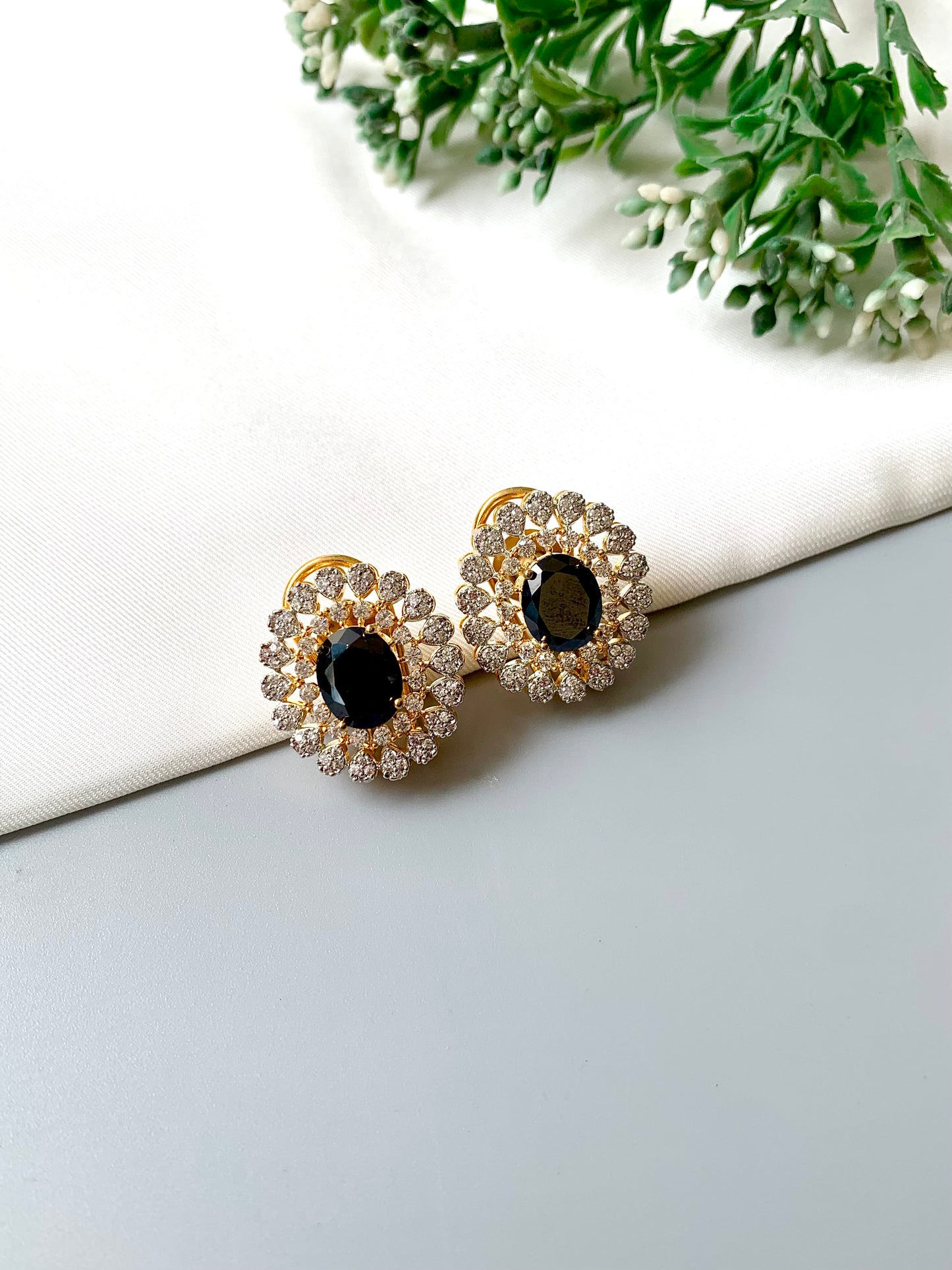 Janice Onyx Stud Earrings in 22kt Gold with American Diamonds by Zamal Jewels