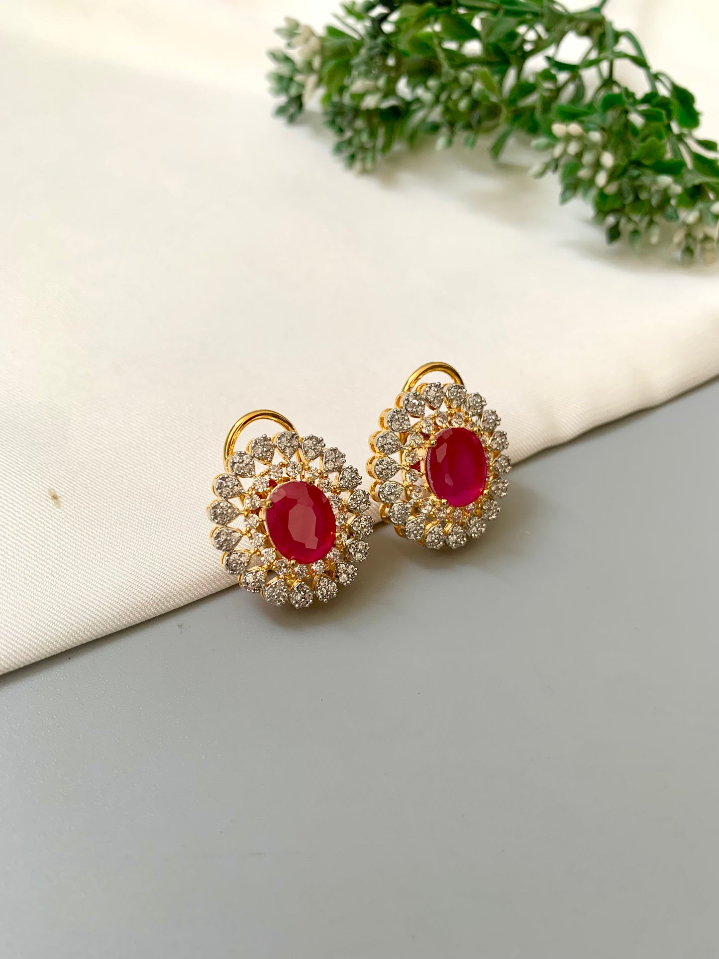 Janice Ruby Stud Earrings in 22kt Gold with American Diamonds and Semi-Precious Ruby by Zamal Jewels