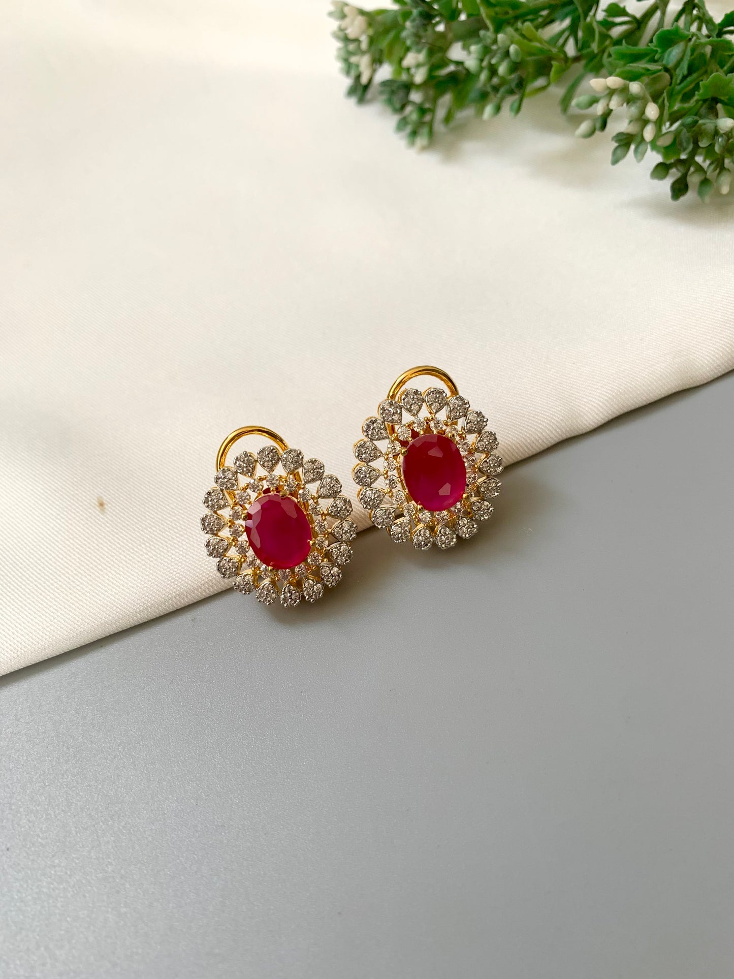 Janice Ruby Stud Earrings in 22kt Gold with American Diamonds and Semi-Precious Ruby by Zamal Jewels