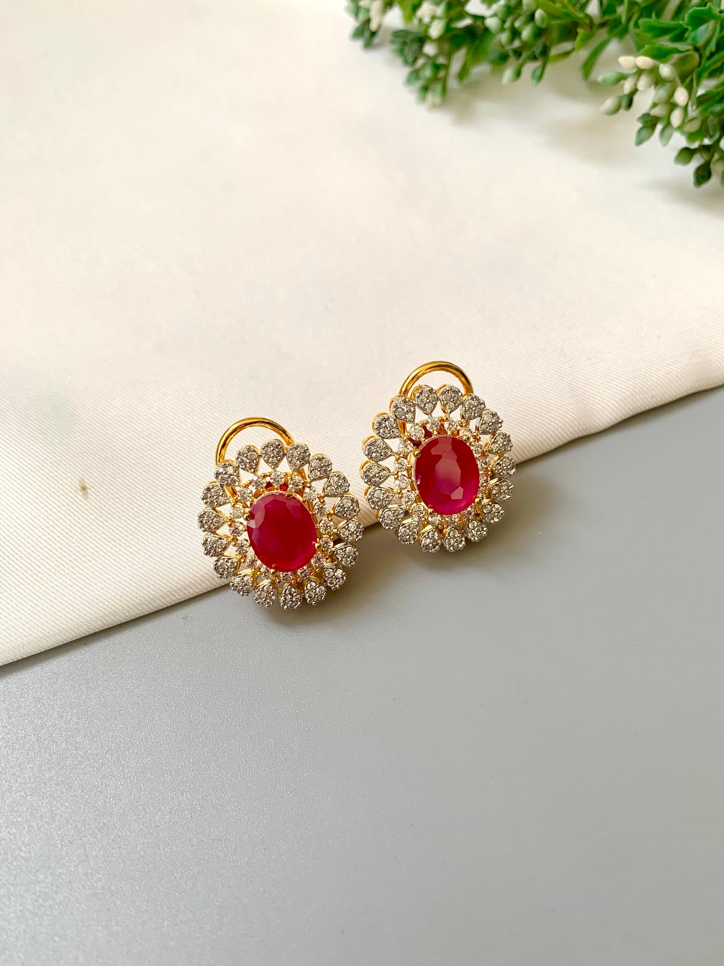 Janice Ruby Stud Earrings in 22kt Gold with American Diamonds and Semi-Precious Ruby by Zamal Jewels