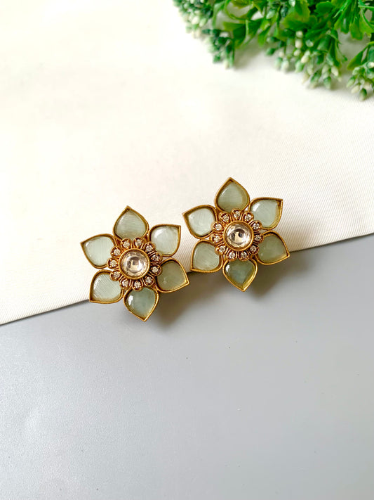 Jesira Mint Studs in 22kt Victorian Gold Plating with American Diamonds, Polki Kundan & Semi-Precious Mint by Zamal Jewels