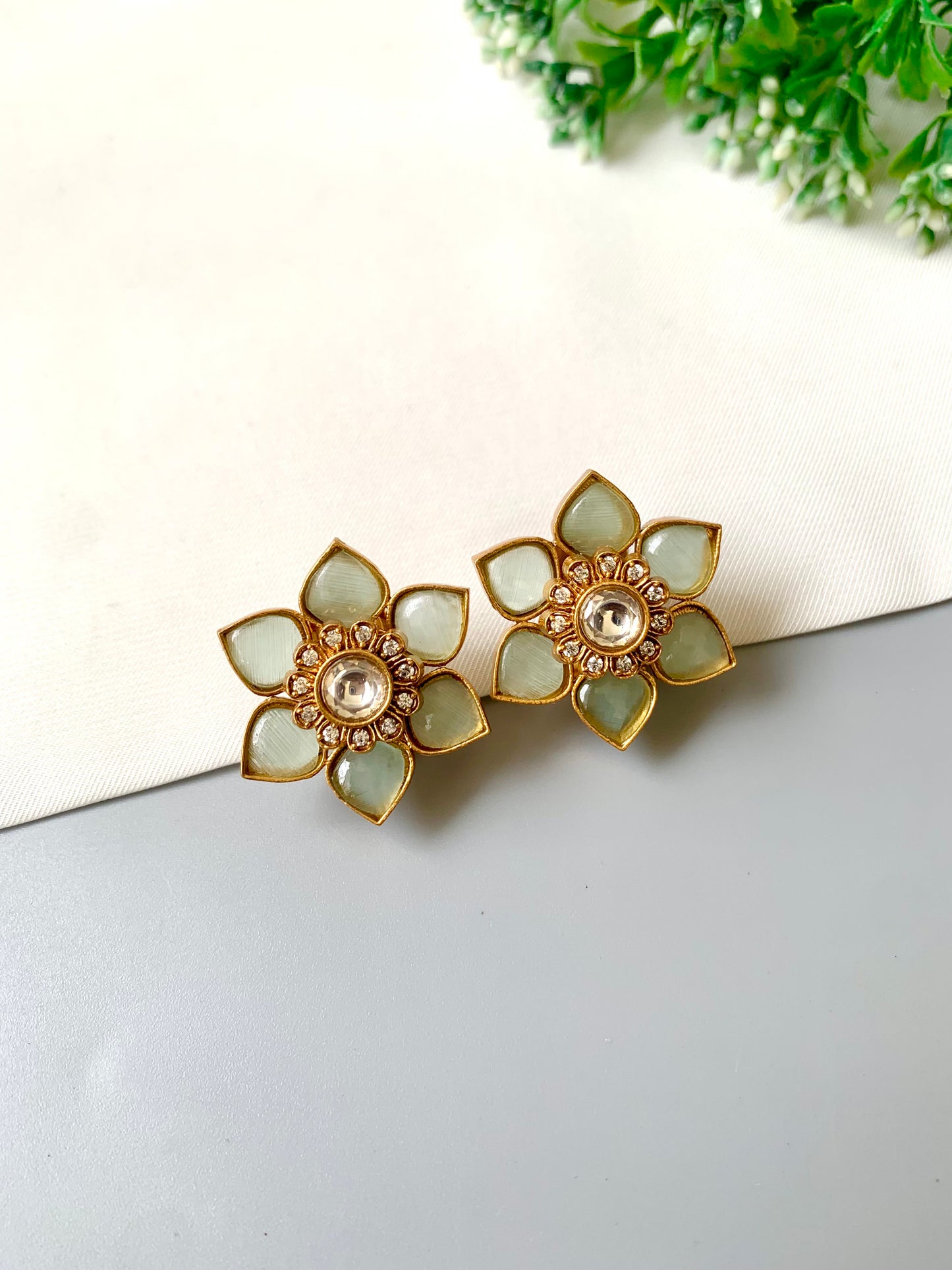 Jesira Mint Studs in 22kt Victorian Gold Plating with American Diamonds, Polki Kundan & Semi-Precious Mint by Zamal Jewels