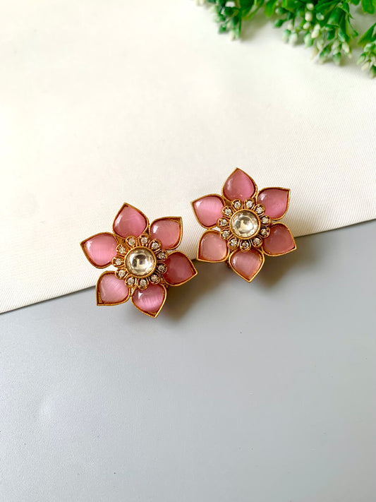 Jesira Pink Studs in 22kt Victorian Gold Plating with American Diamonds, Polki Kundan & Semi-Precious Pink by Zamal Jewels