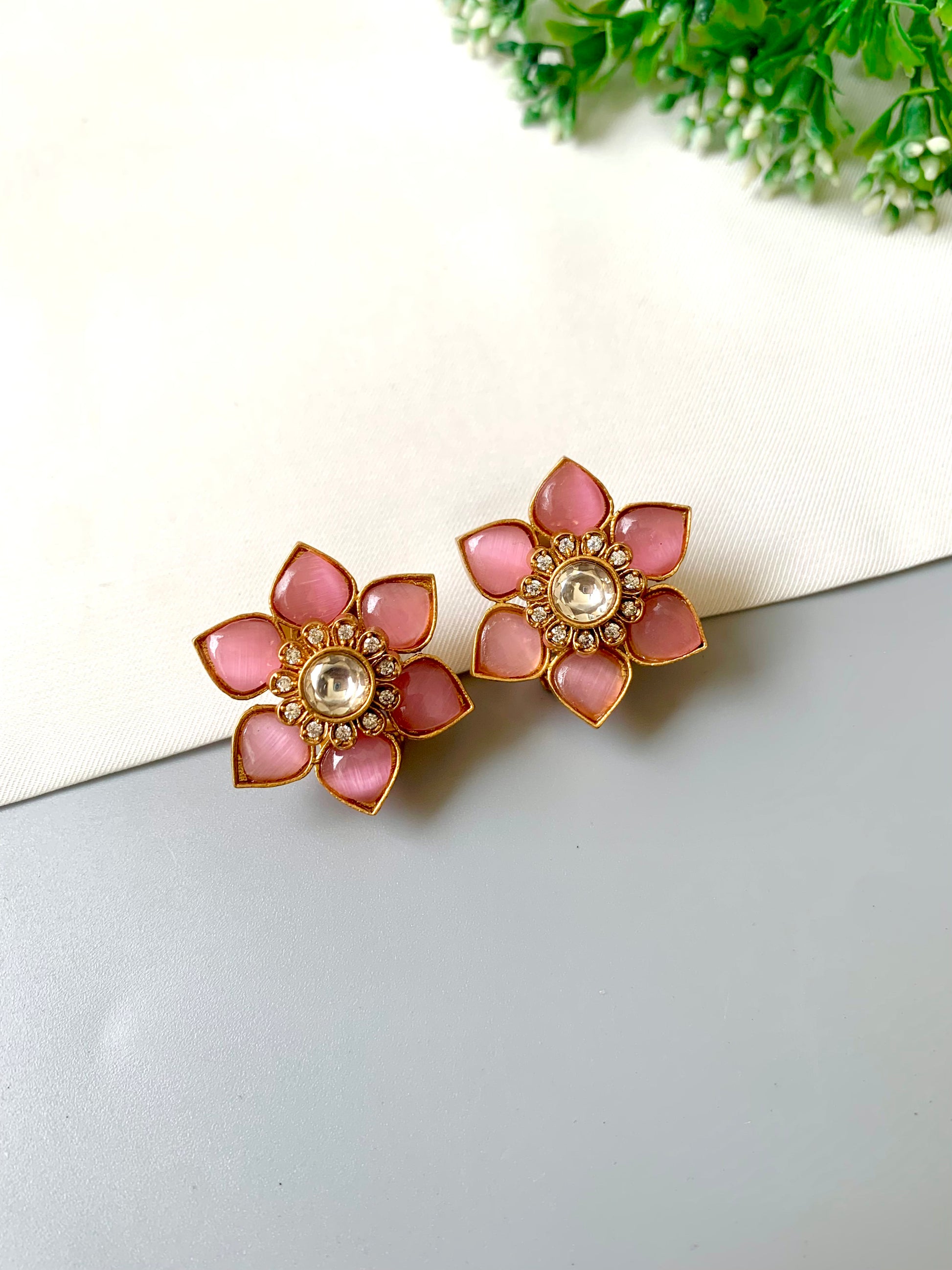 Jesira Pink Studs in 22kt Victorian Gold Plating with American Diamonds, Polki Kundan & Semi-Precious Pink by Zamal Jewels